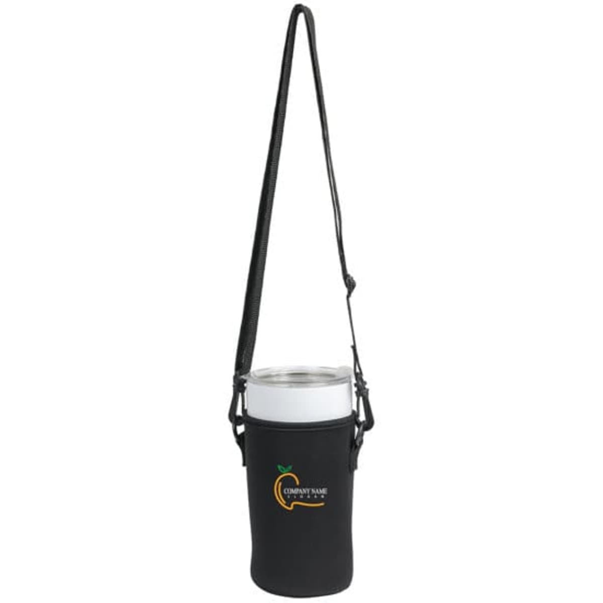 A drink bottle holder in black neoprene with a strap, designed to fit a 27 oz. bottle, featuring a logo.