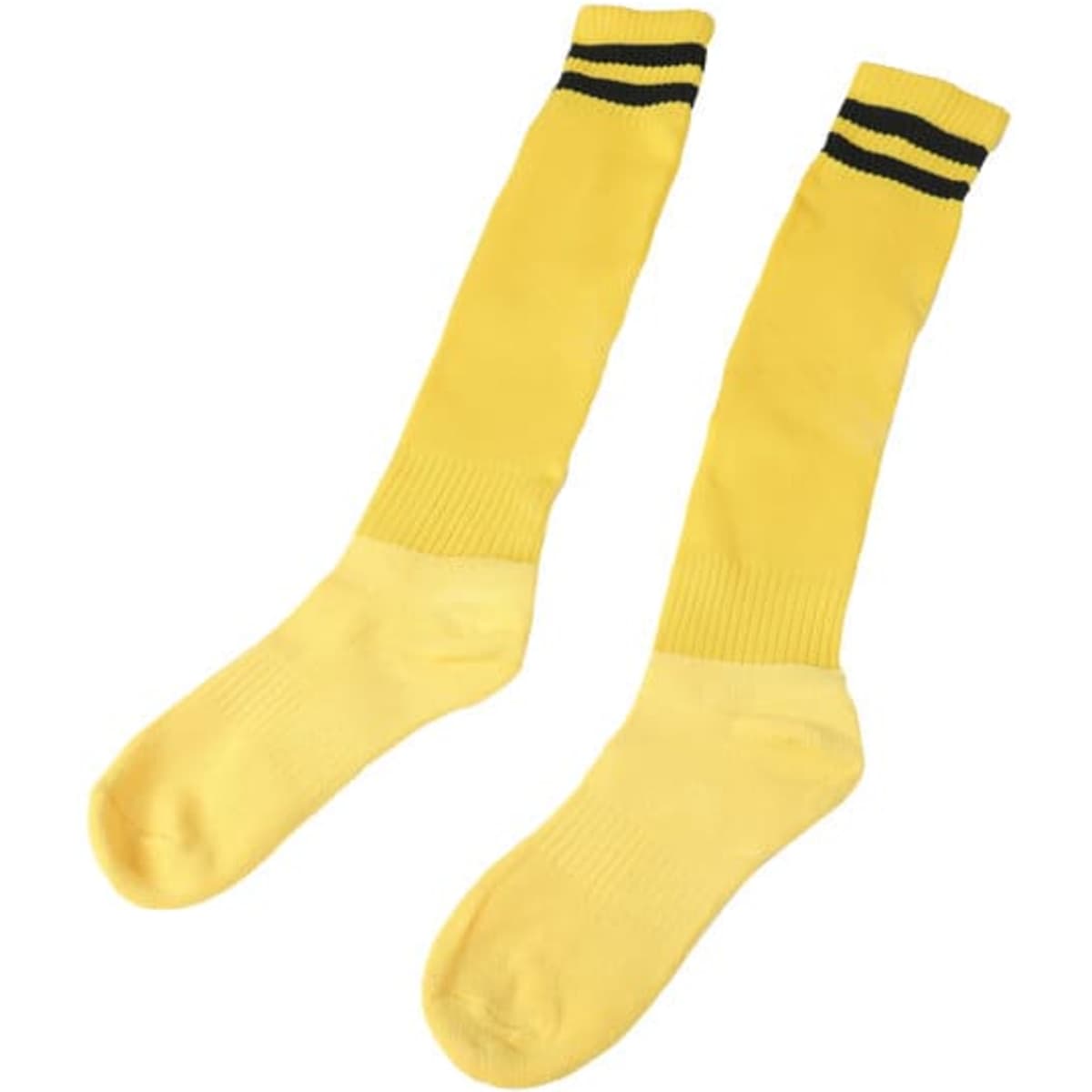 A pair of yellow knee-high soccer socks with black striped bands at the top and a logo present.