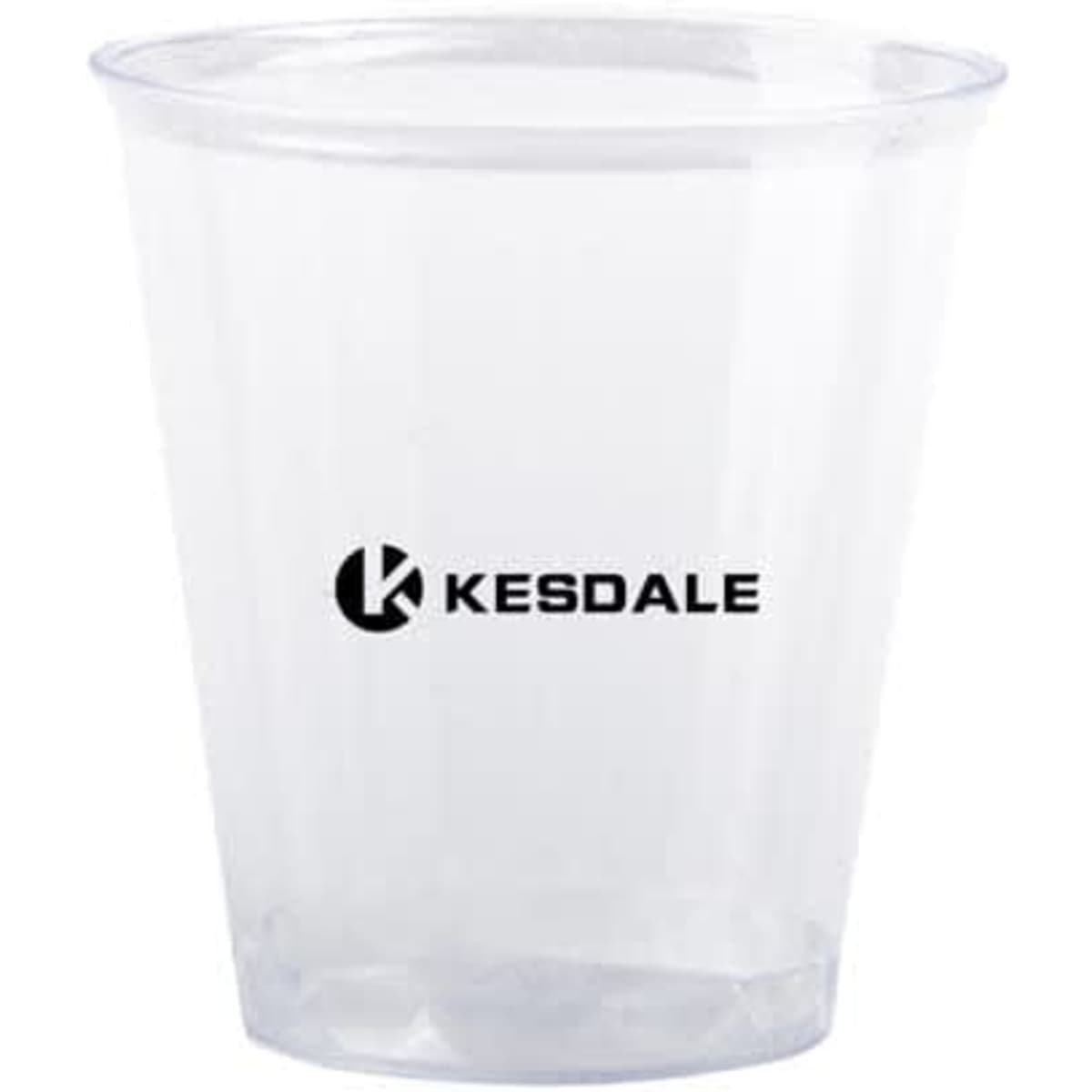 A clear plastic disposable cup featuring a logo. Ideal for drinks, showcasing its transparent design.