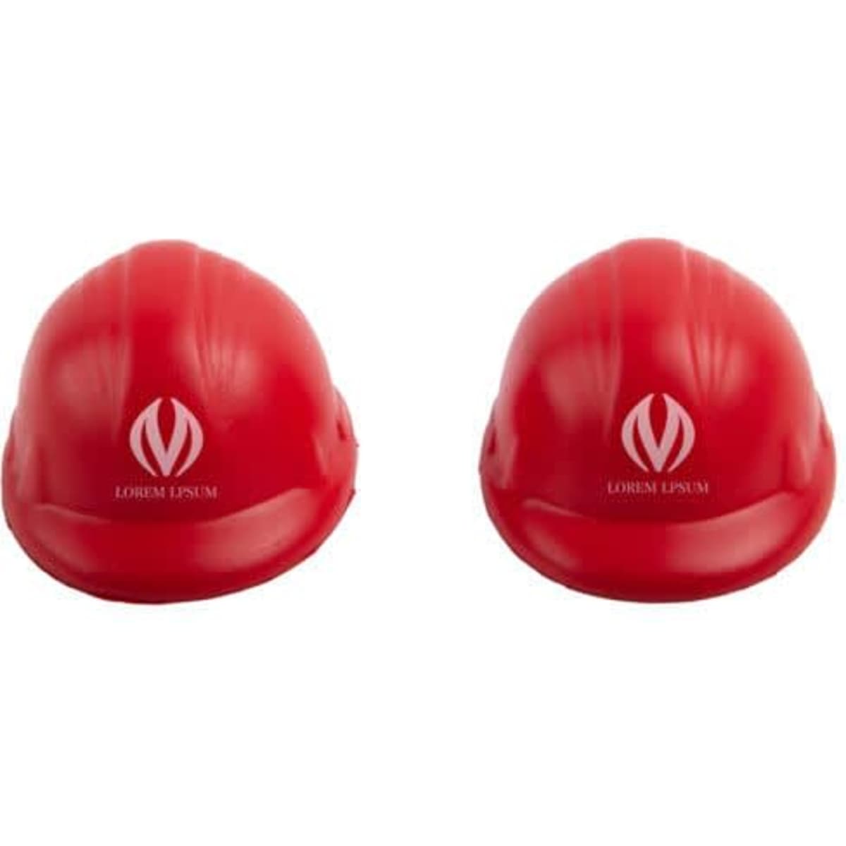 Red construction hat stress relievers with a logo, designed for fun and stress relief activities.