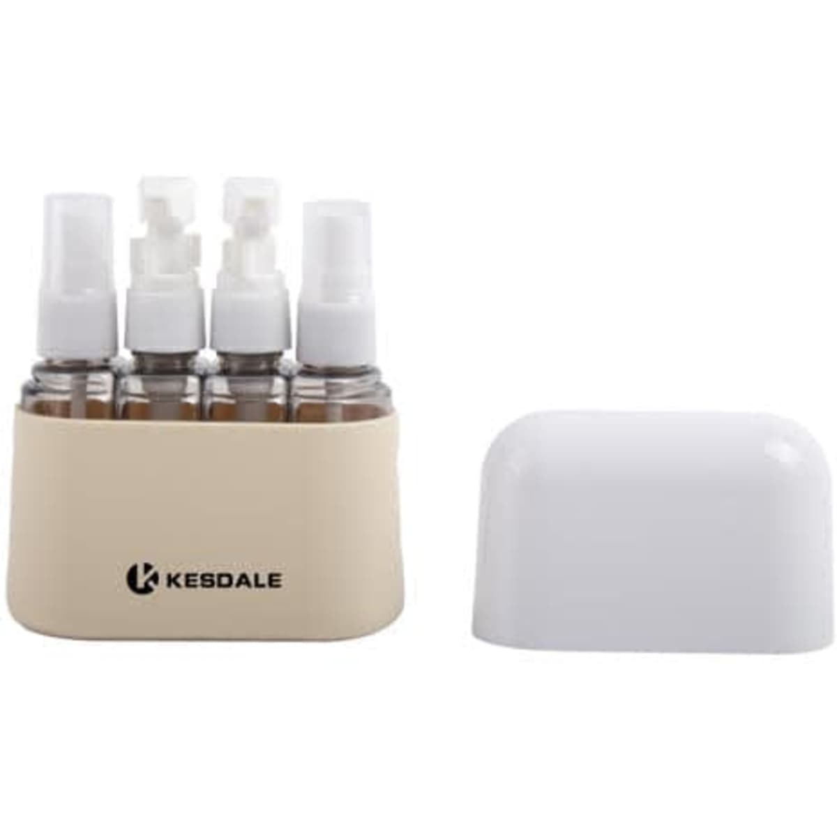 Leak proof containers for toiletries in beige and clear, featuring four spray bottles and a removable white cap.