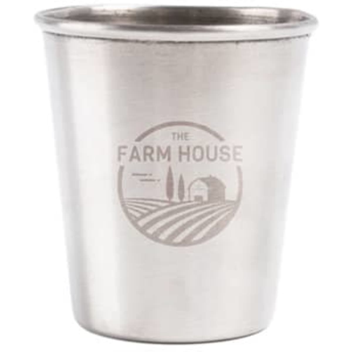 A stainless steel shot cup with a logo, featuring a shiny metallic finish.