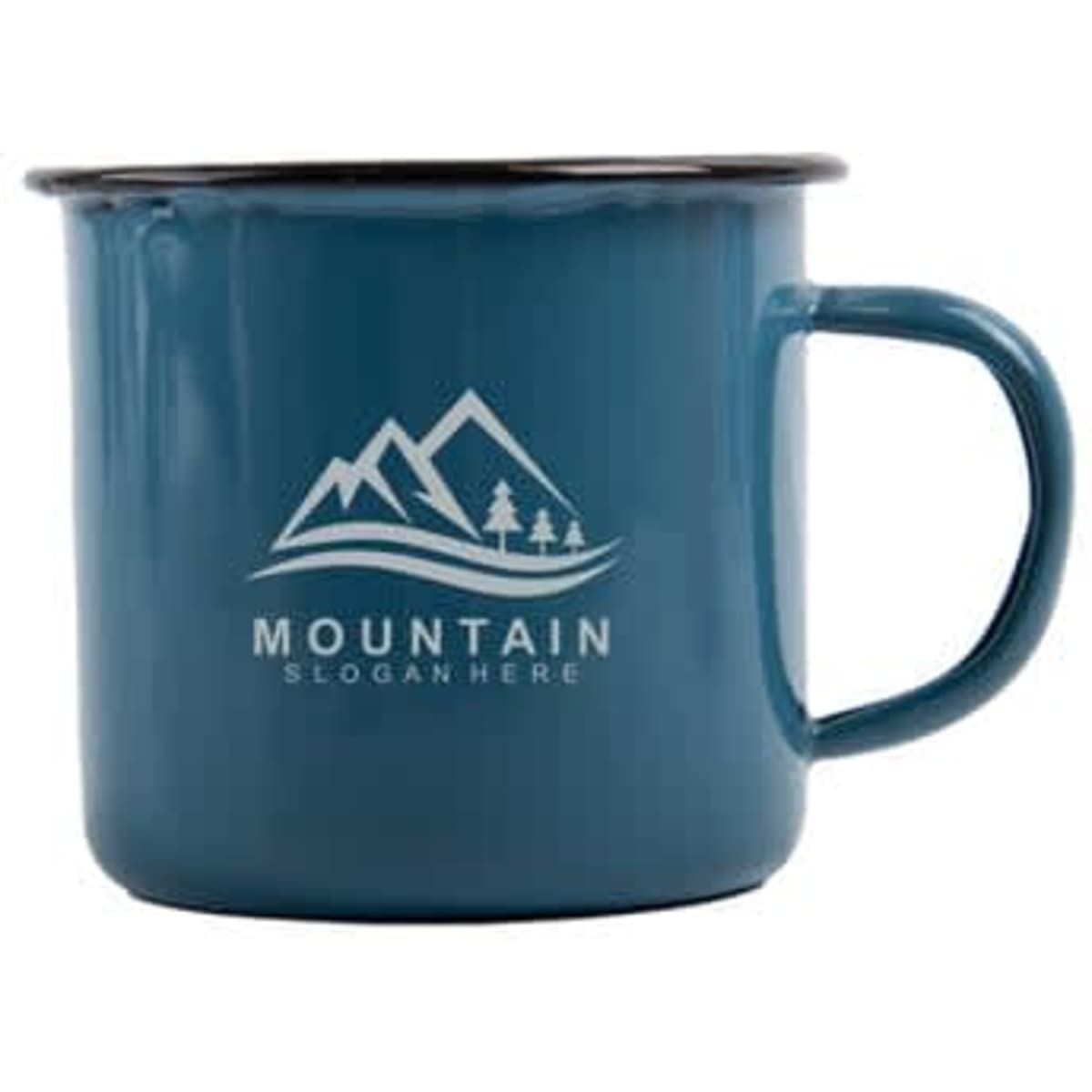 A teal enamel mug with a black rim and a logo featuring mountains and trees.