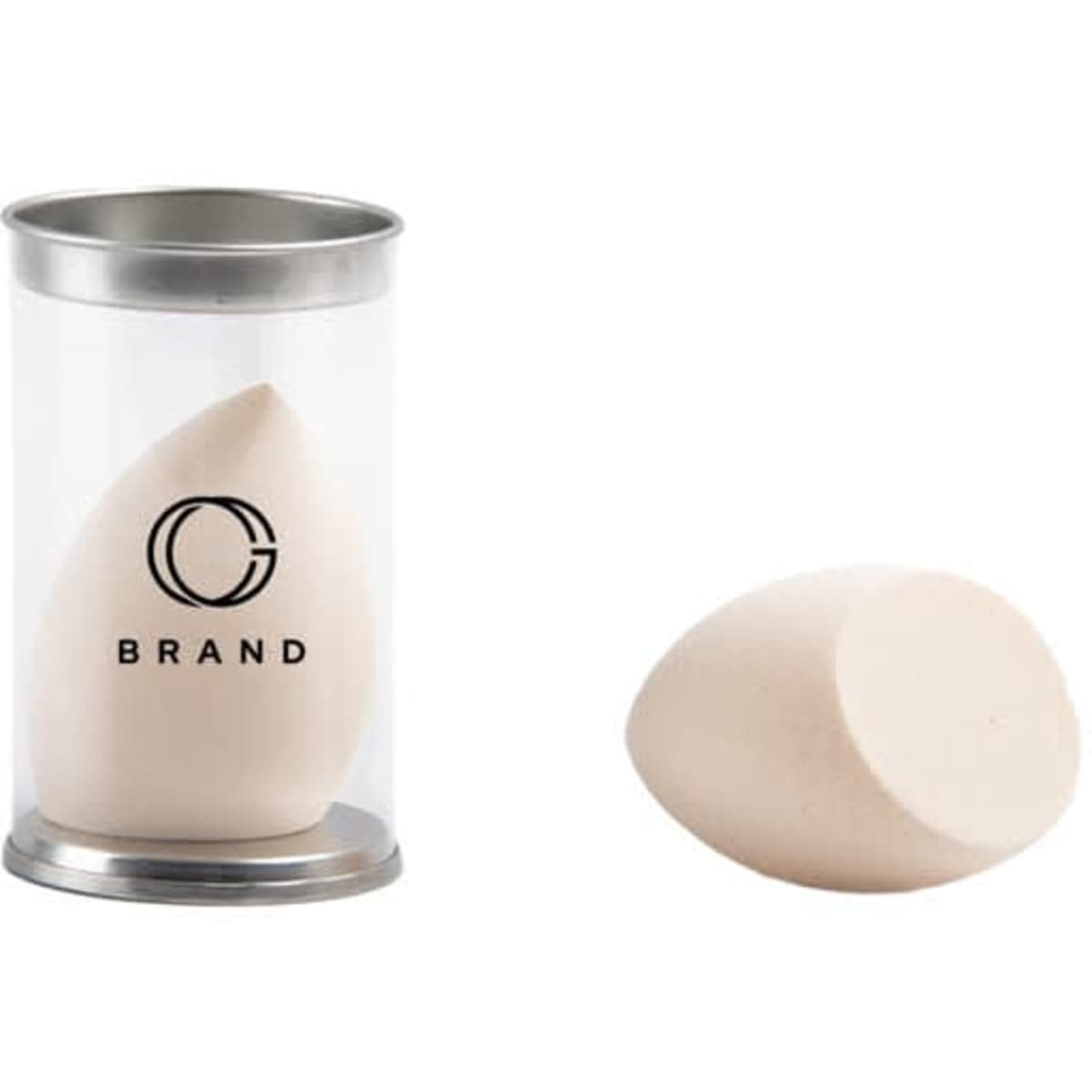 A beauty makeup sponge in a transparent container, featuring a rounded shape and a light beige colour.