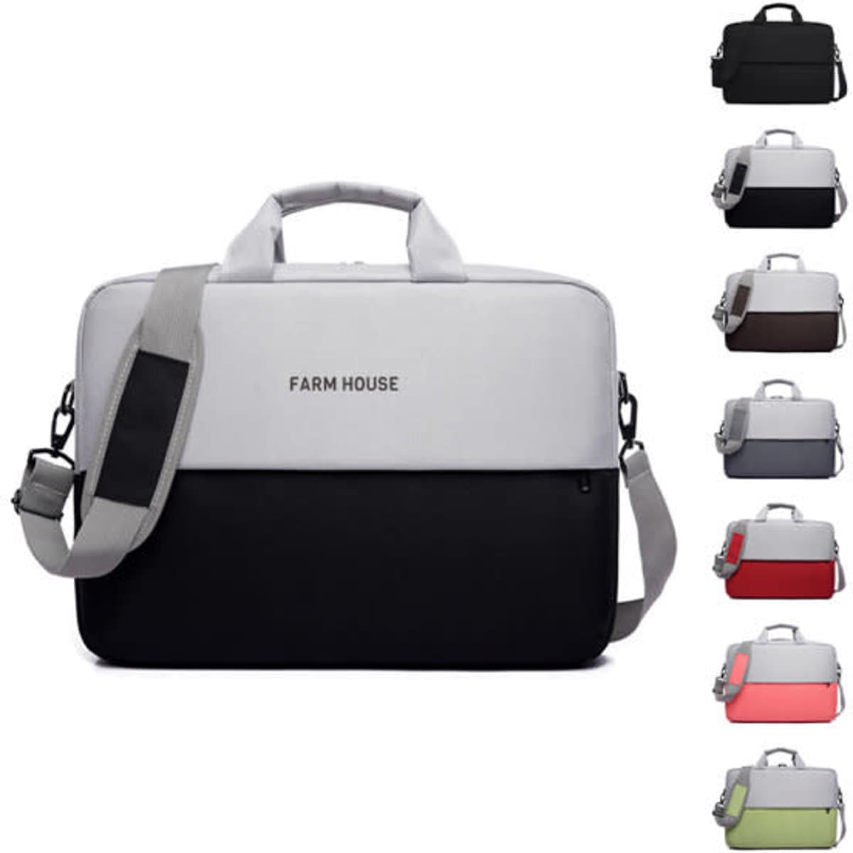 A grey and black portable Oxford cloth laptop bag with a shoulder strap and a logo, available in multiple colours.