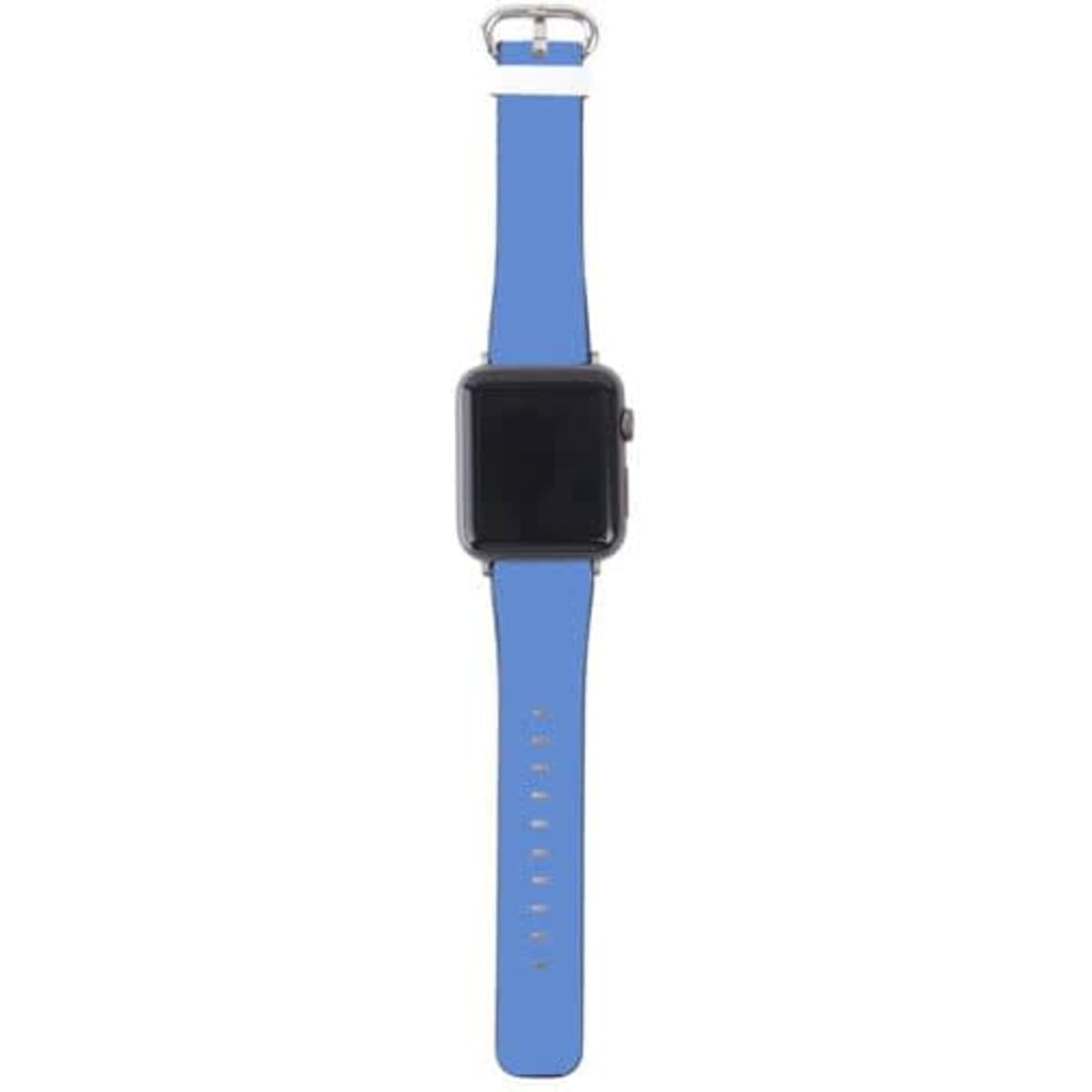 A blue leather smart watch band with a silver buckle and a digital watch face. Features a branding logo.