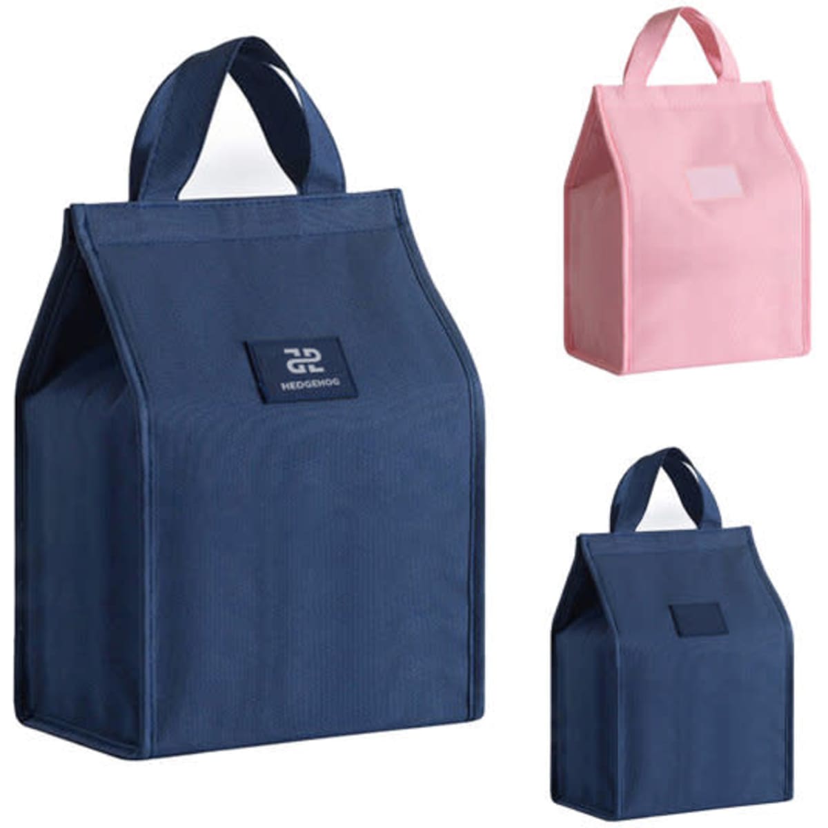 A navy blue and a pink insulated lunch bag with handles and a logo, featuring a structured design.