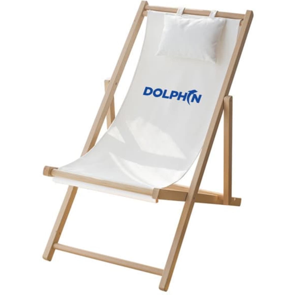 A foldable wooden beach sling chair in light wood and white fabric, featuring a logo on the backrest.
