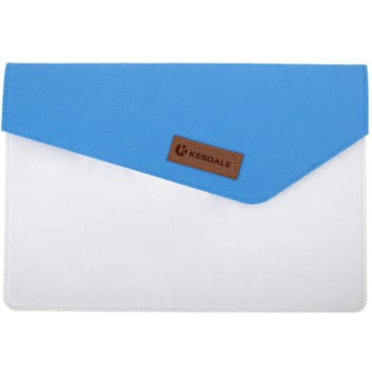 A durable felt file folder with a white base and a blue flap, featuring a logo on a brown label.