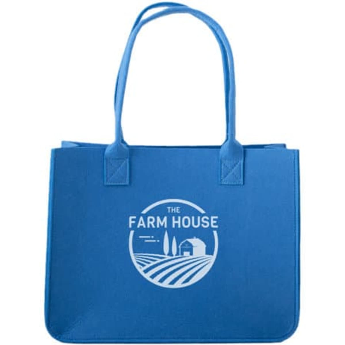 A blue felt tote bag with long handles and a logo printed on the front.