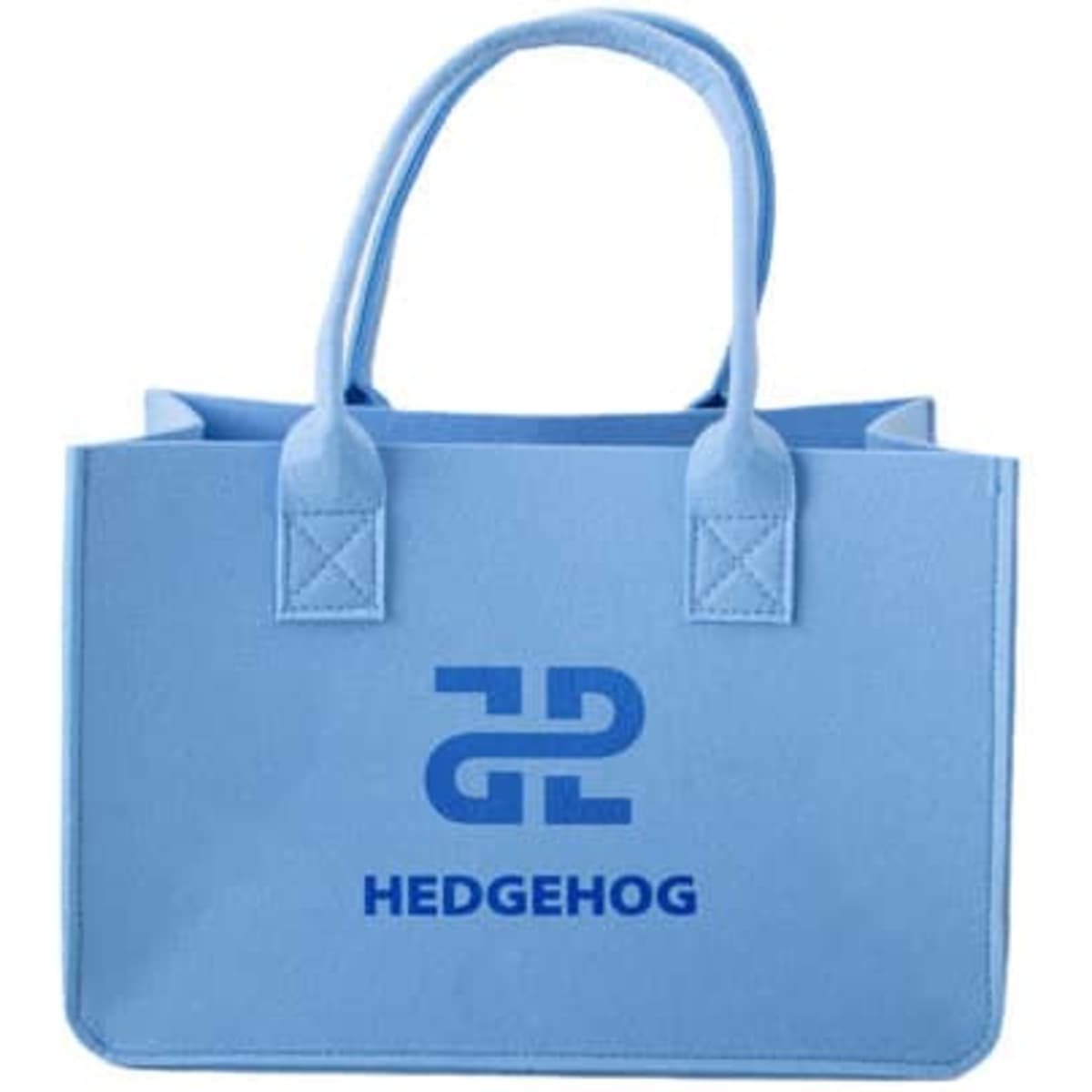 A light blue customizable felt tote bag with two handles and a logo on the front.
