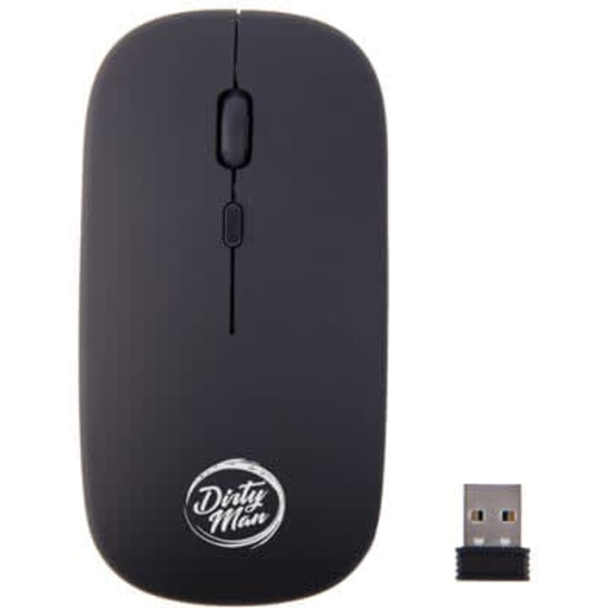 A black wireless mouse with a USB receiver, featuring a logo on the side.