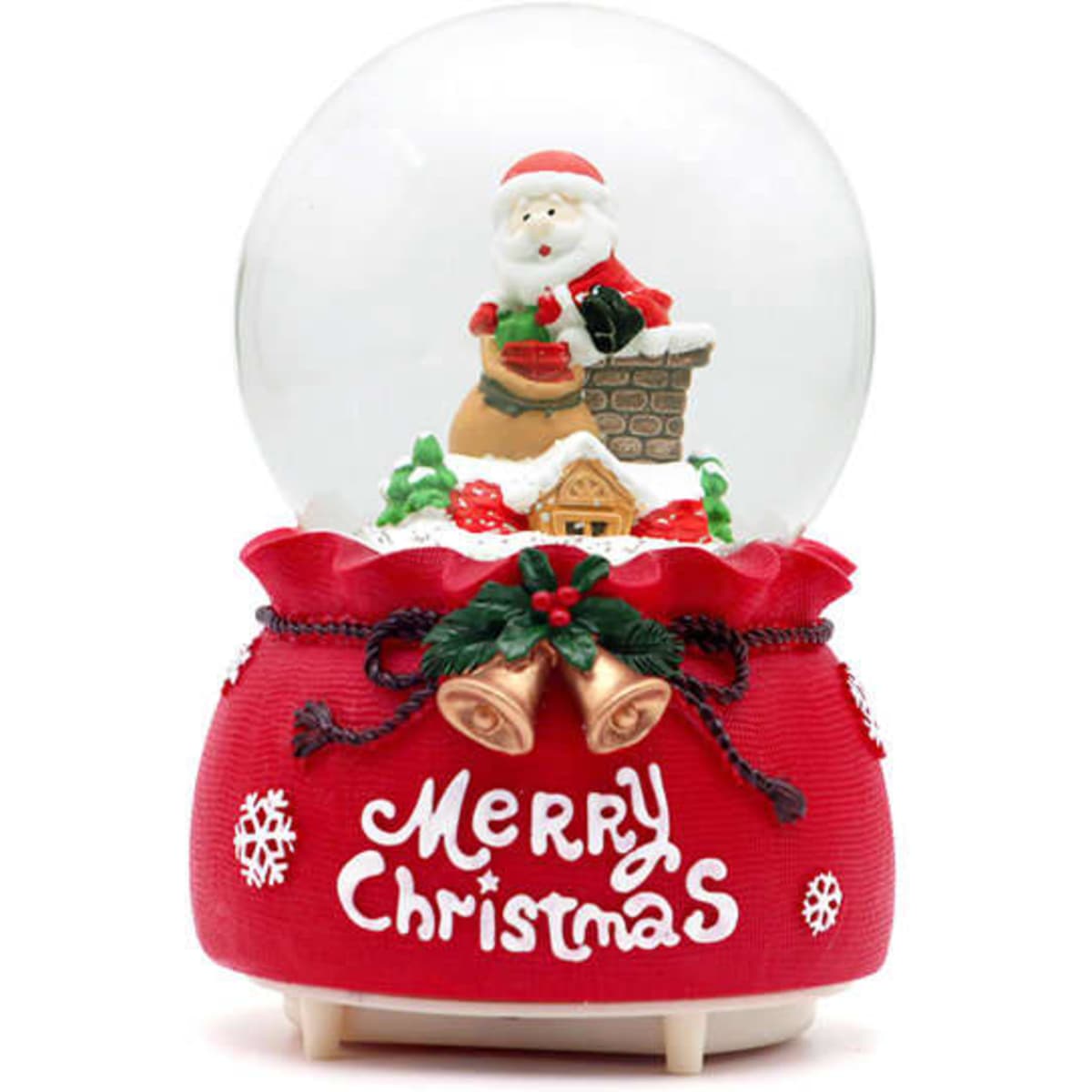 A festive red snow globe featuring Santa Claus on a chimney, with decorative bells and snowflake accents.