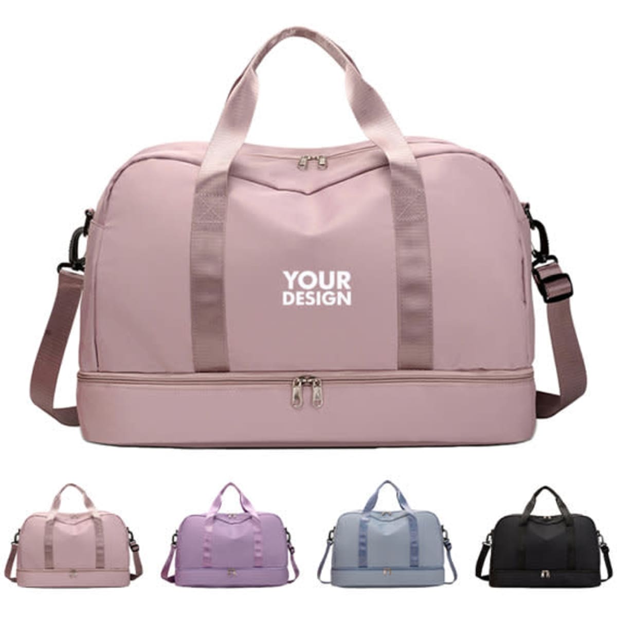 A large capacity travel duffel bag in pink with adjustable shoulder strap. Features four additional colour options below.