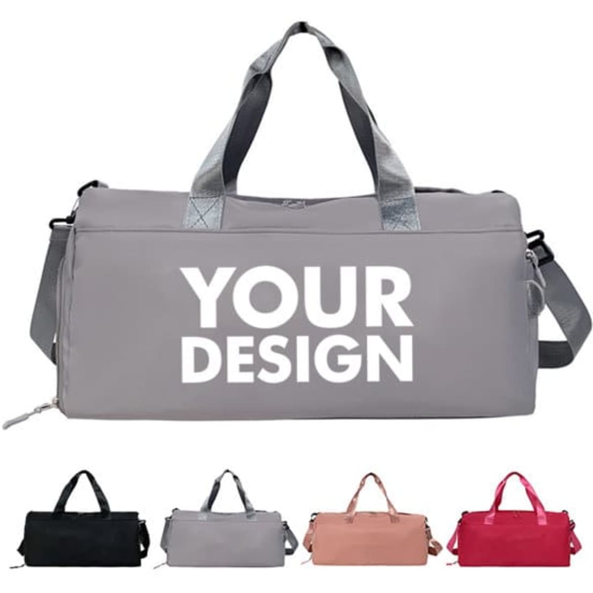 A large capacity duffel bag in grey with a logo, accompanied by black, pink, and red variations.