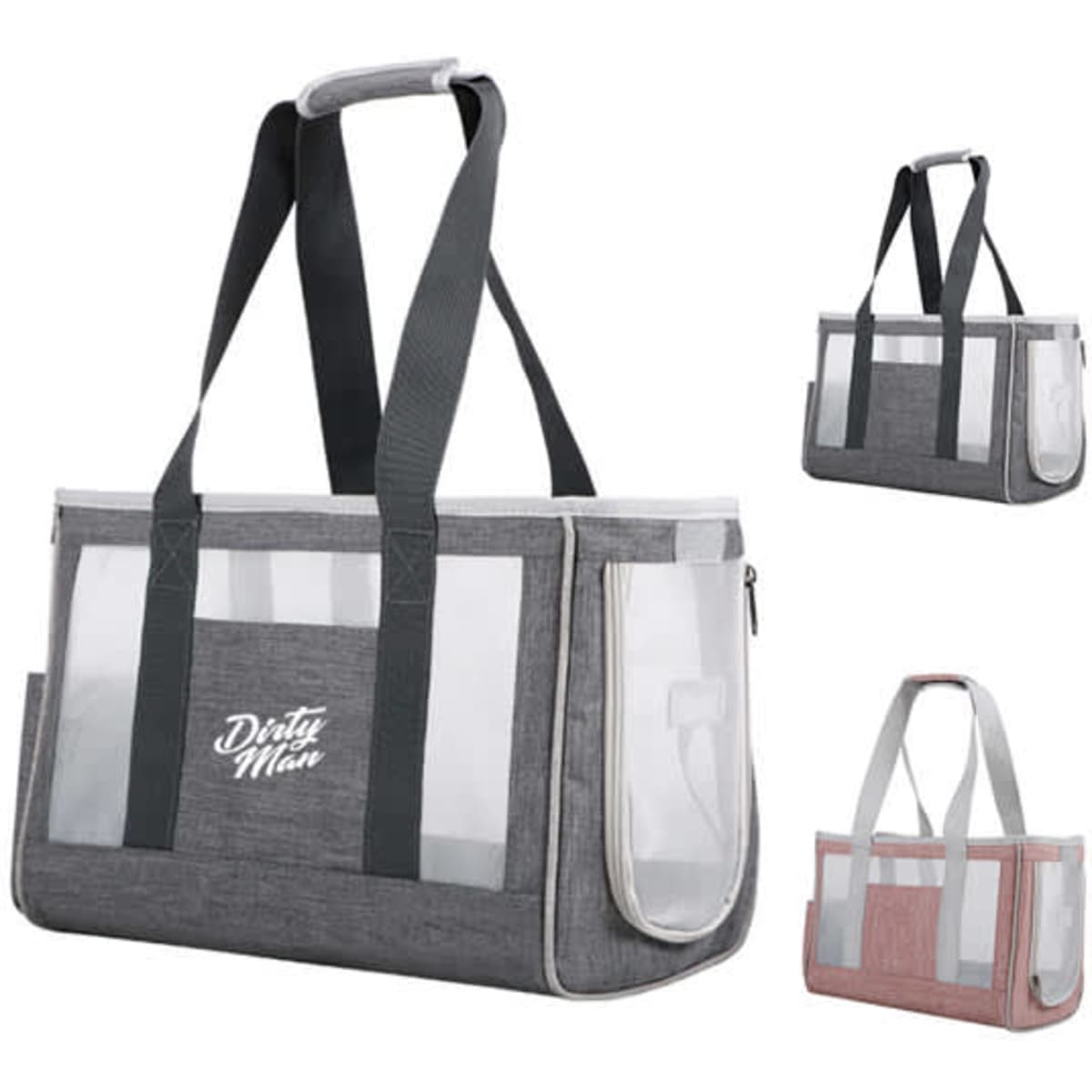 A grey and red mesh pet travel carrier bag with transparent panels and sturdy straps. Includes branding on the front.