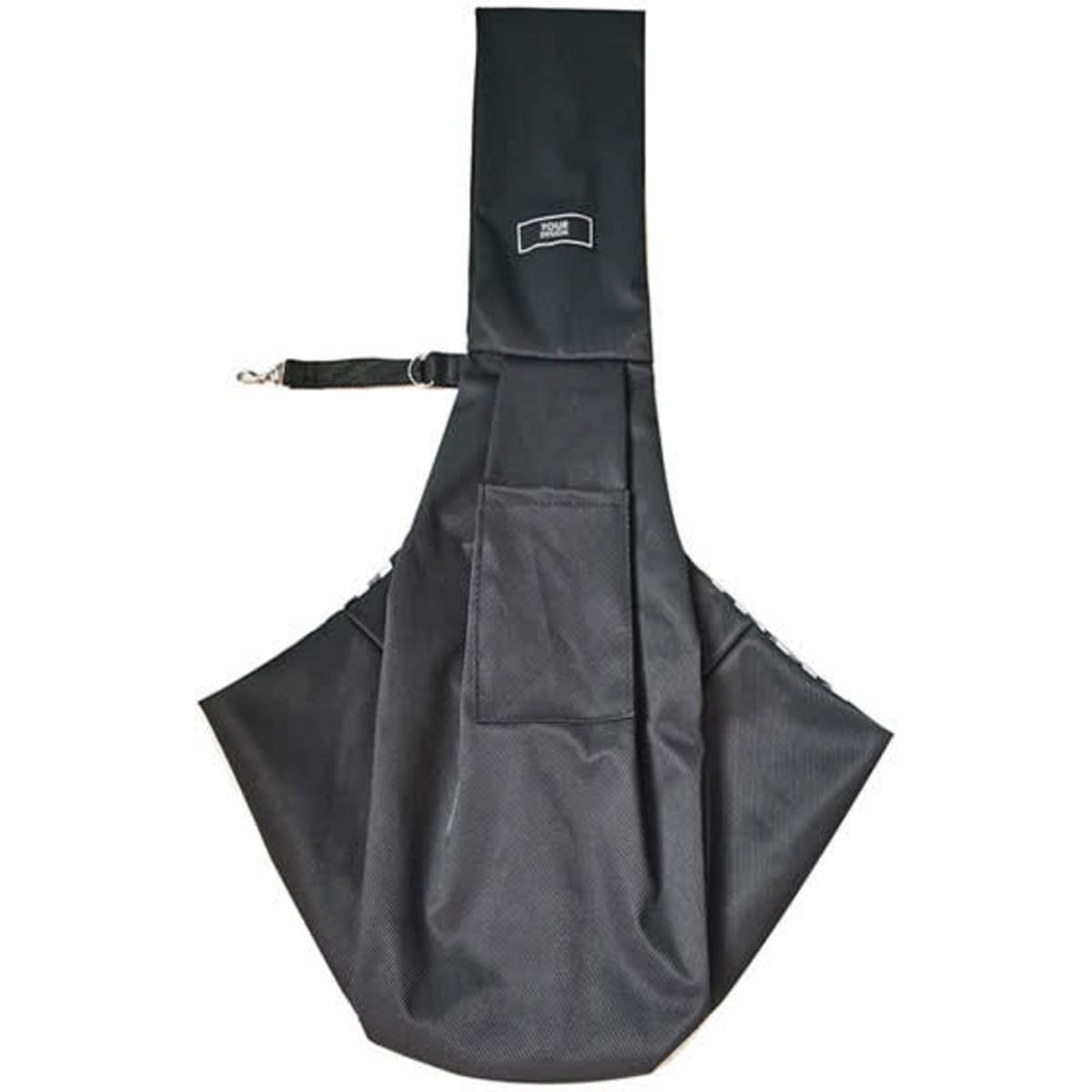 A black pet sling carrier bag with a pocket and an adjustable strap, featuring a branding logo.