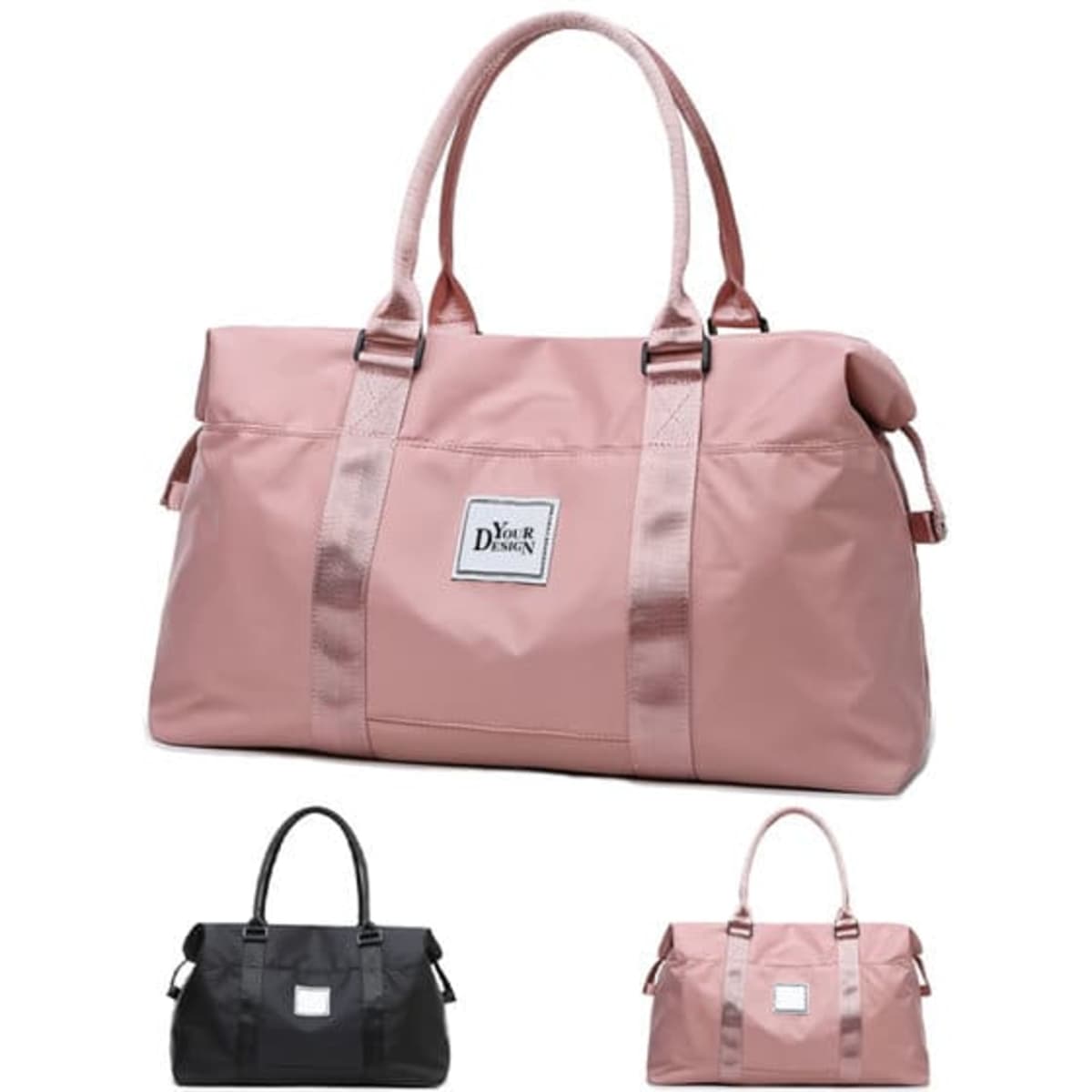 A large travel duffel bag in pink with silver straps and a branding label, alongside black and grey versions.