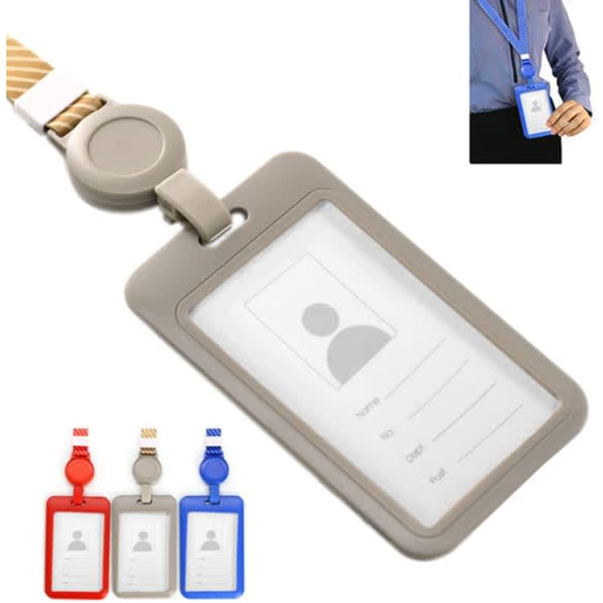 A hard plastic work badge holder in grey with an attached lanyard, featuring red and blue options.