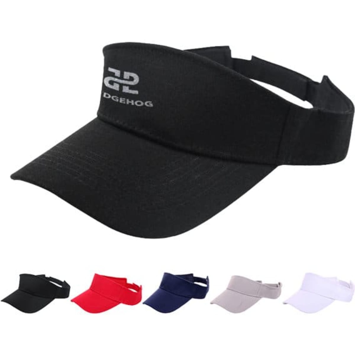 A black adjustable sun visor cap with a strap, features a logo, and is available in multiple colours.