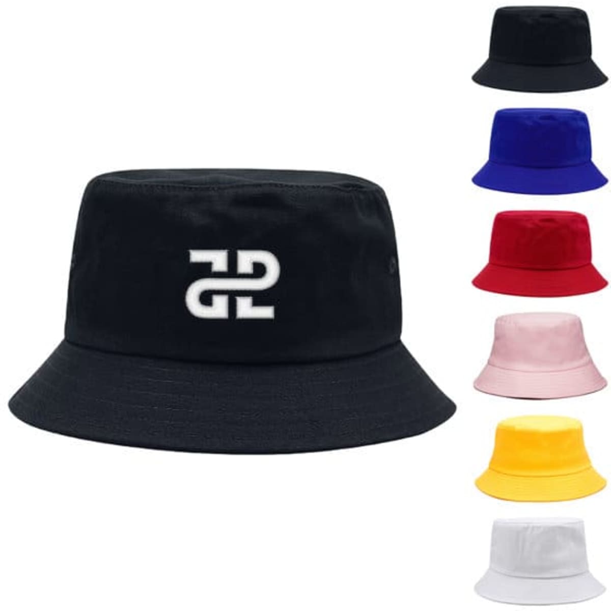 A custom cotton bucket hat in black, featuring a logo, with options in red, blue, pink, yellow, and white.