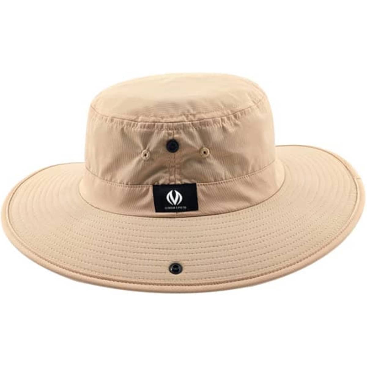 A wide brim sun protection boonie hat in beige featuring a logo and adjustable string.
