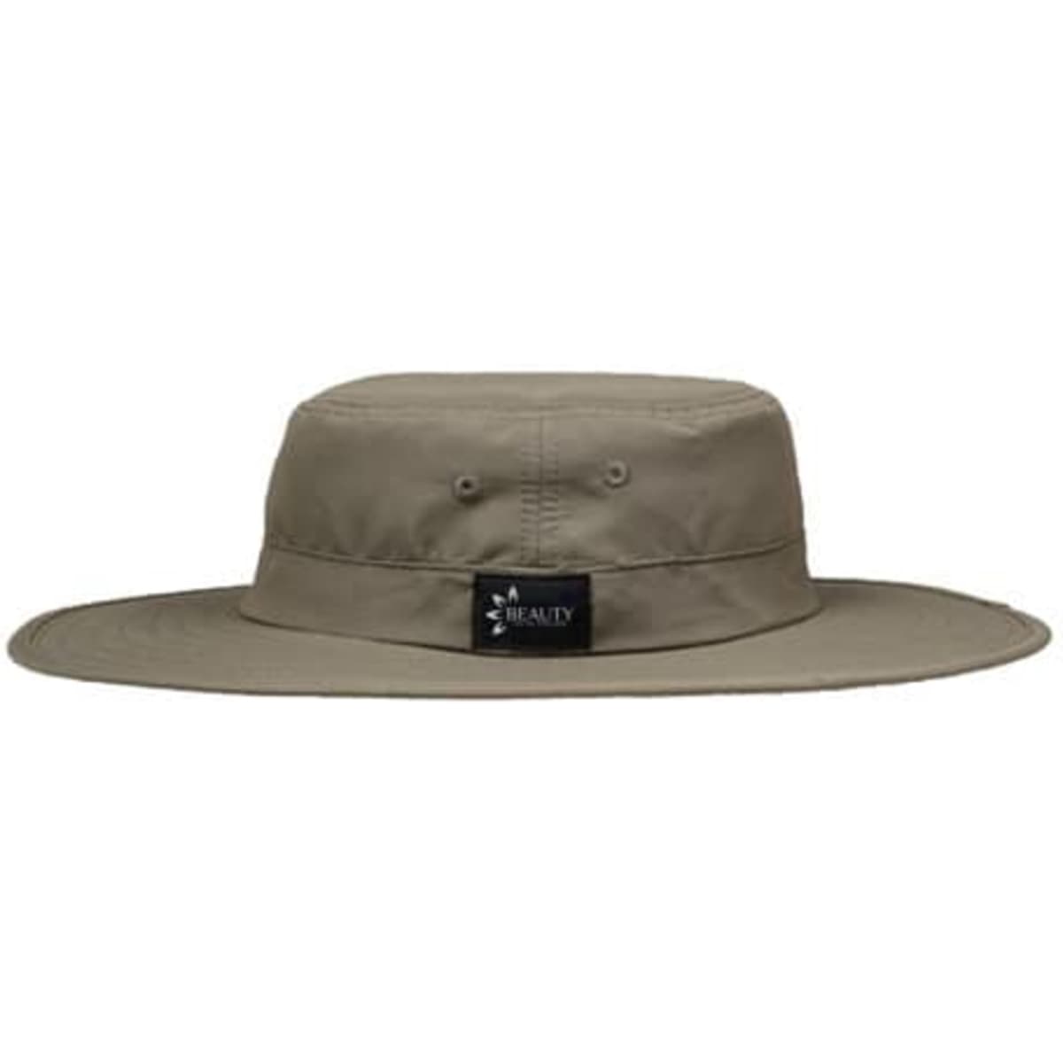 A khaki outdoor wide brim boonie hat with a string. Features ventilation eyelets and a logo patch.
