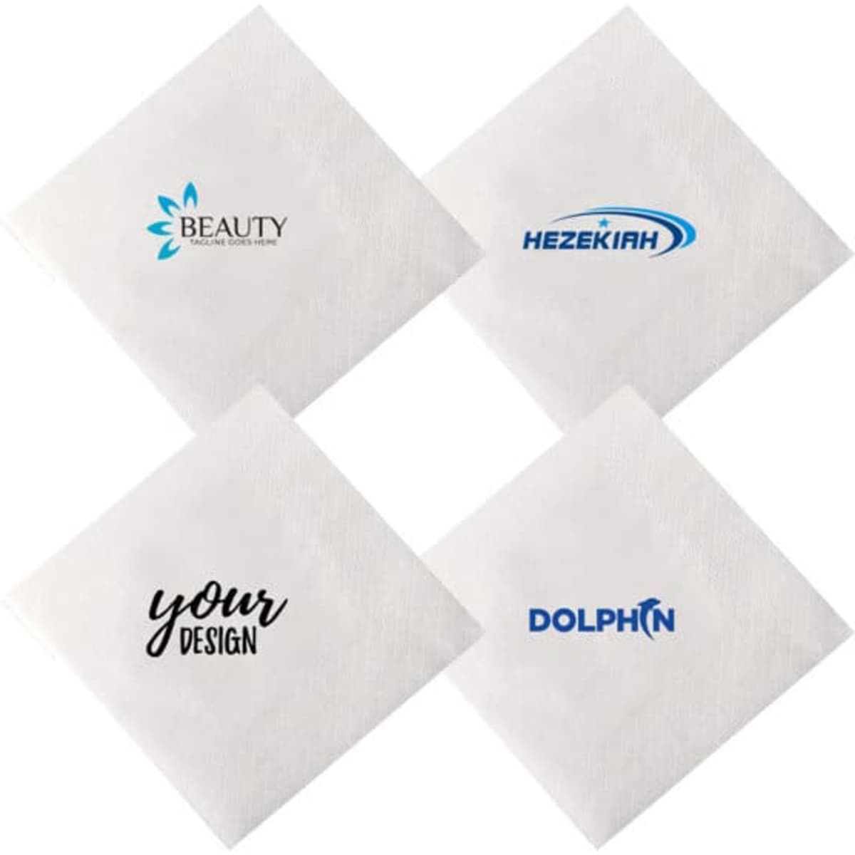 Four square paper cocktail napkins in white, each featuring a different logo design.