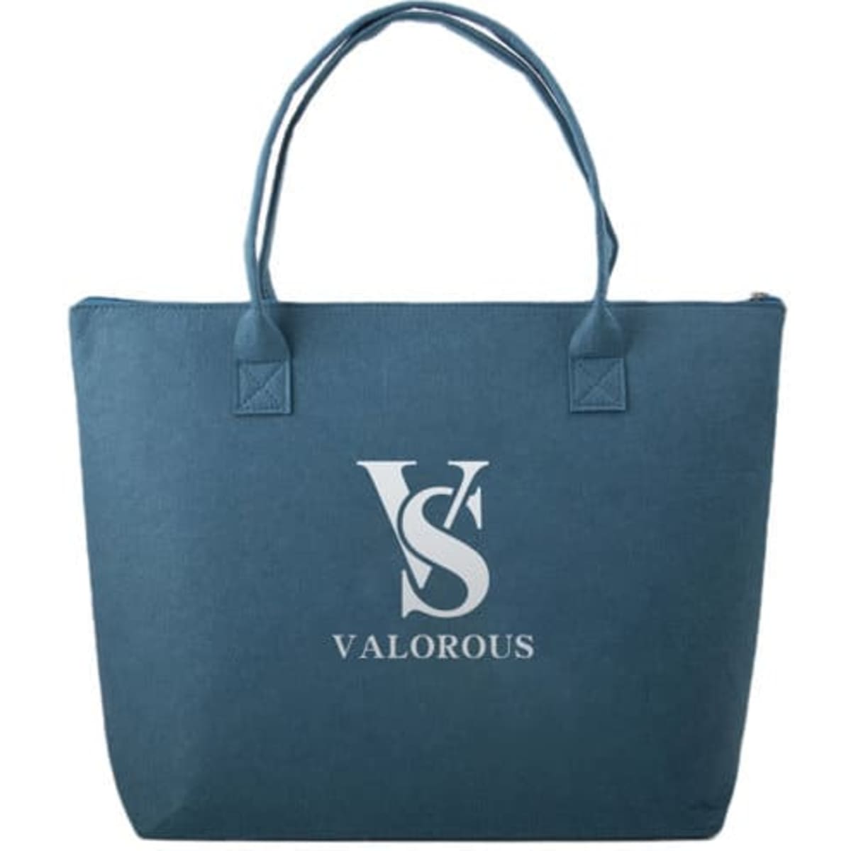 A large blue felt tote bag with a zipper and logo on the front, featuring two handles.