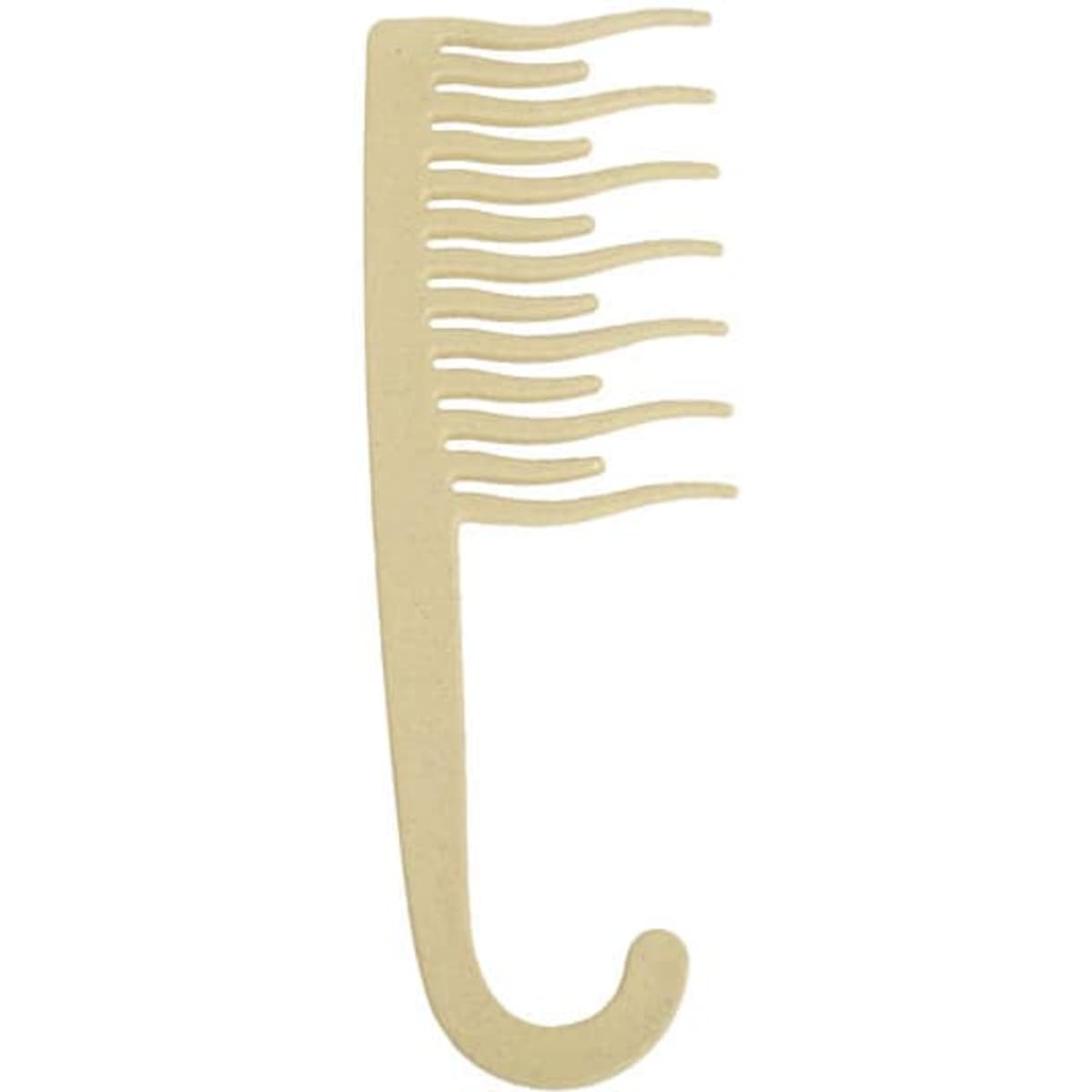 A wheat straw wide-tooth shower comb in a light beige colour with a curved handle and wide tooth design.