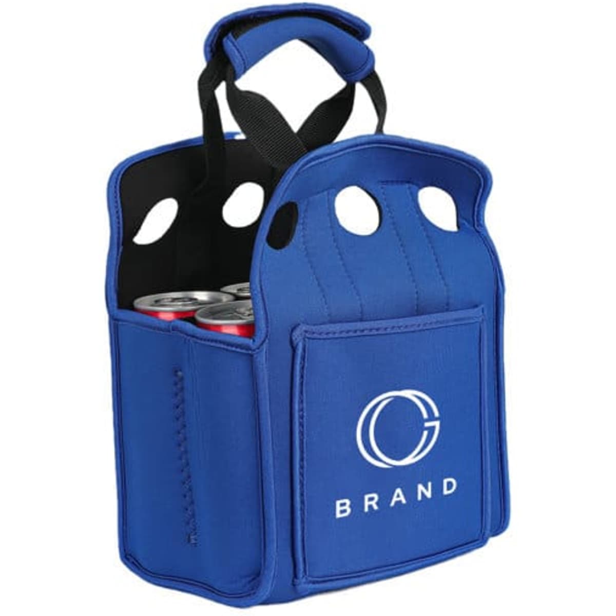 A blue neoprene beer holder with six compartments, featuring a handle and a logo on the front.