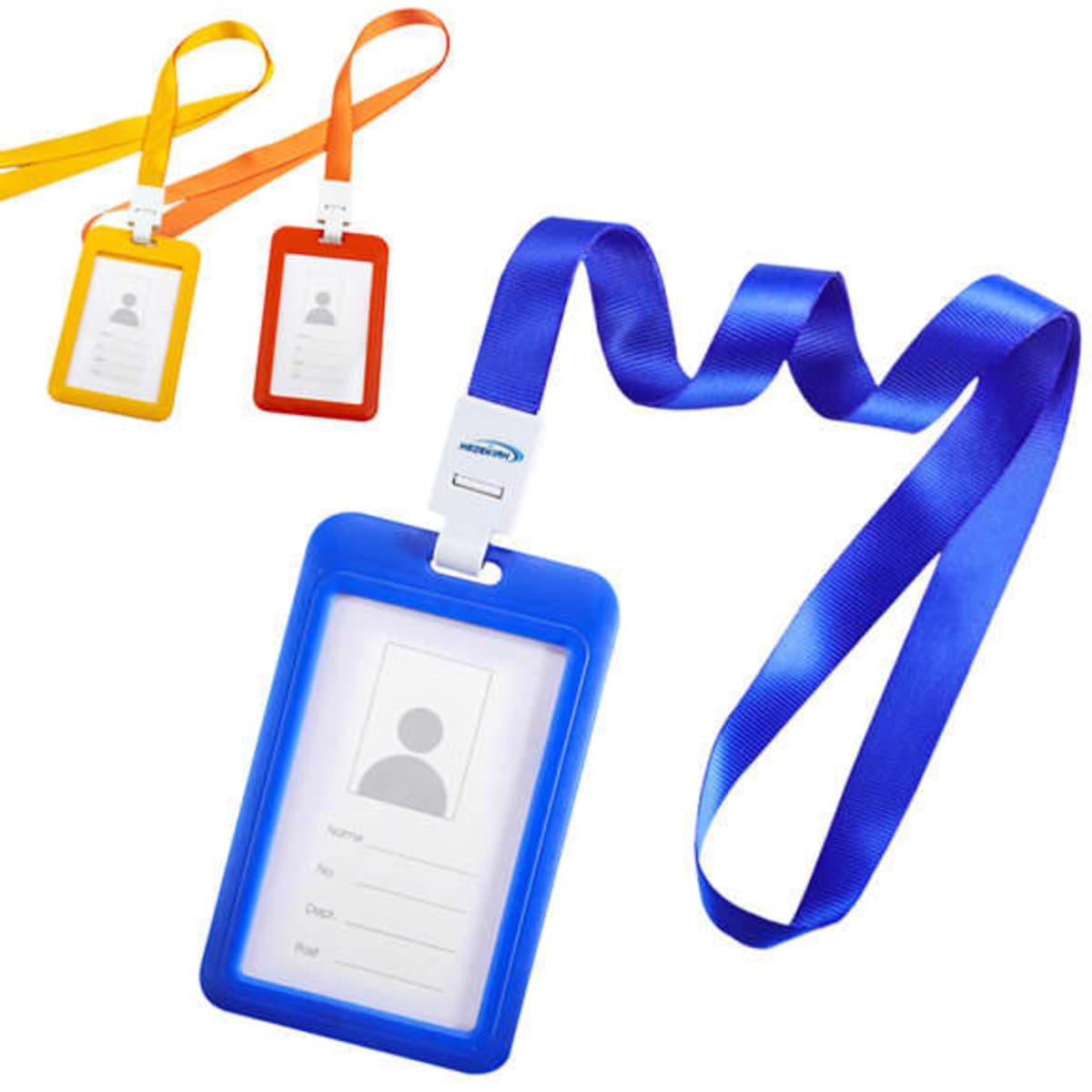 A set of portable plastic ID card holders in blue, yellow, and orange, each with a colourful ribbon lanyard.