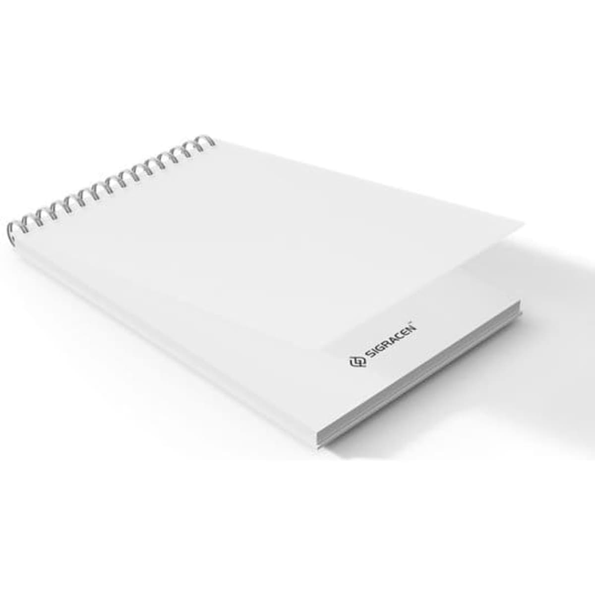 A white waterproof top spiral notebook with a logo on the cover, featuring a blank page design.