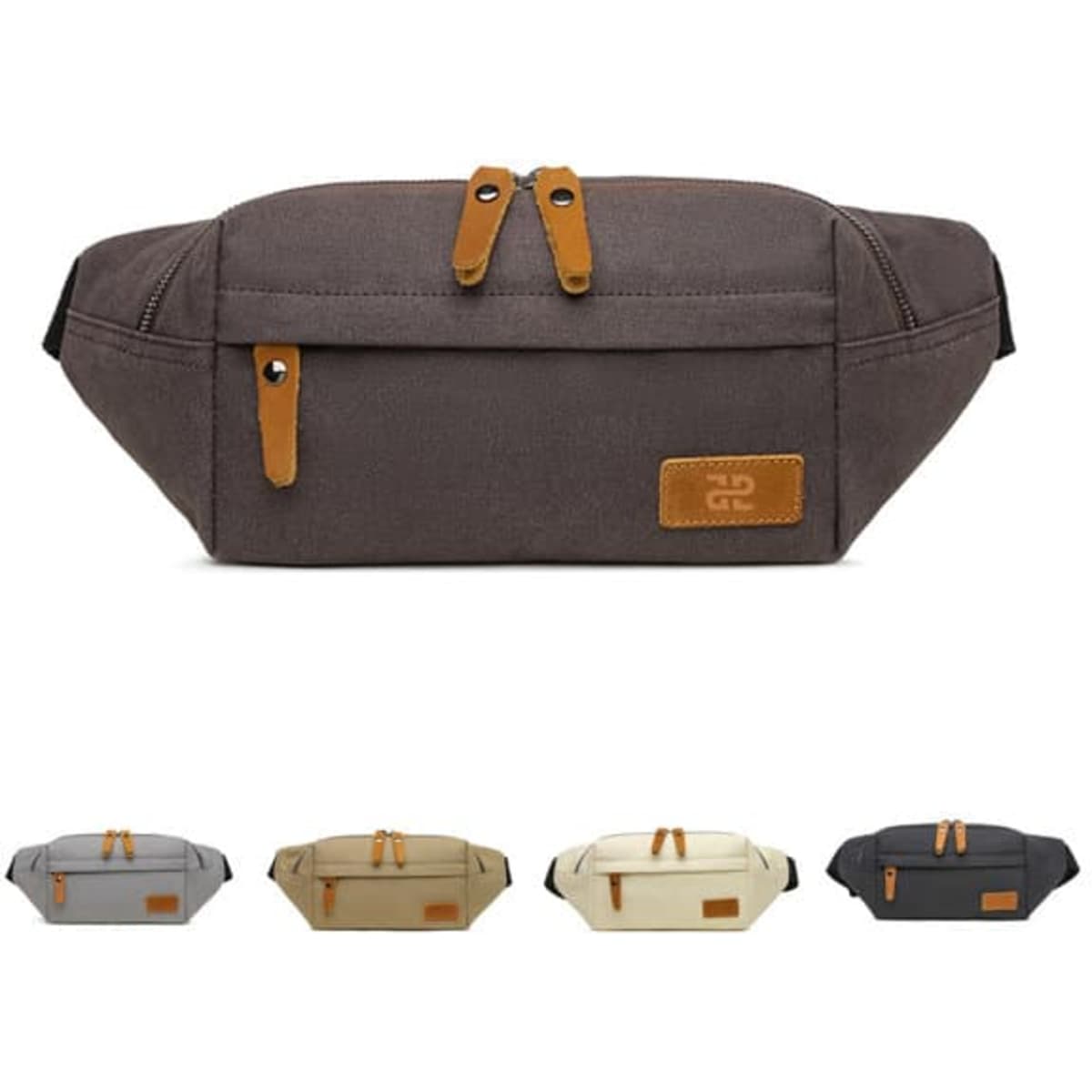 A unisex canvas fanny pack in grey with leather accents, featuring multiple pockets and a logo. Available in various colours.