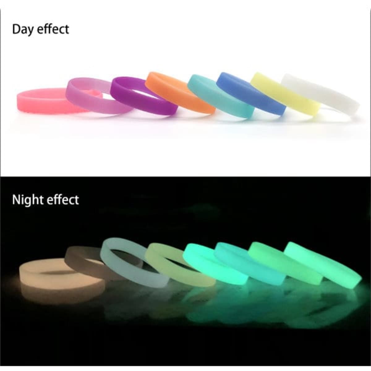 A selection of luminous silicone rubber wristbands in various colours, displaying their day and night effects.