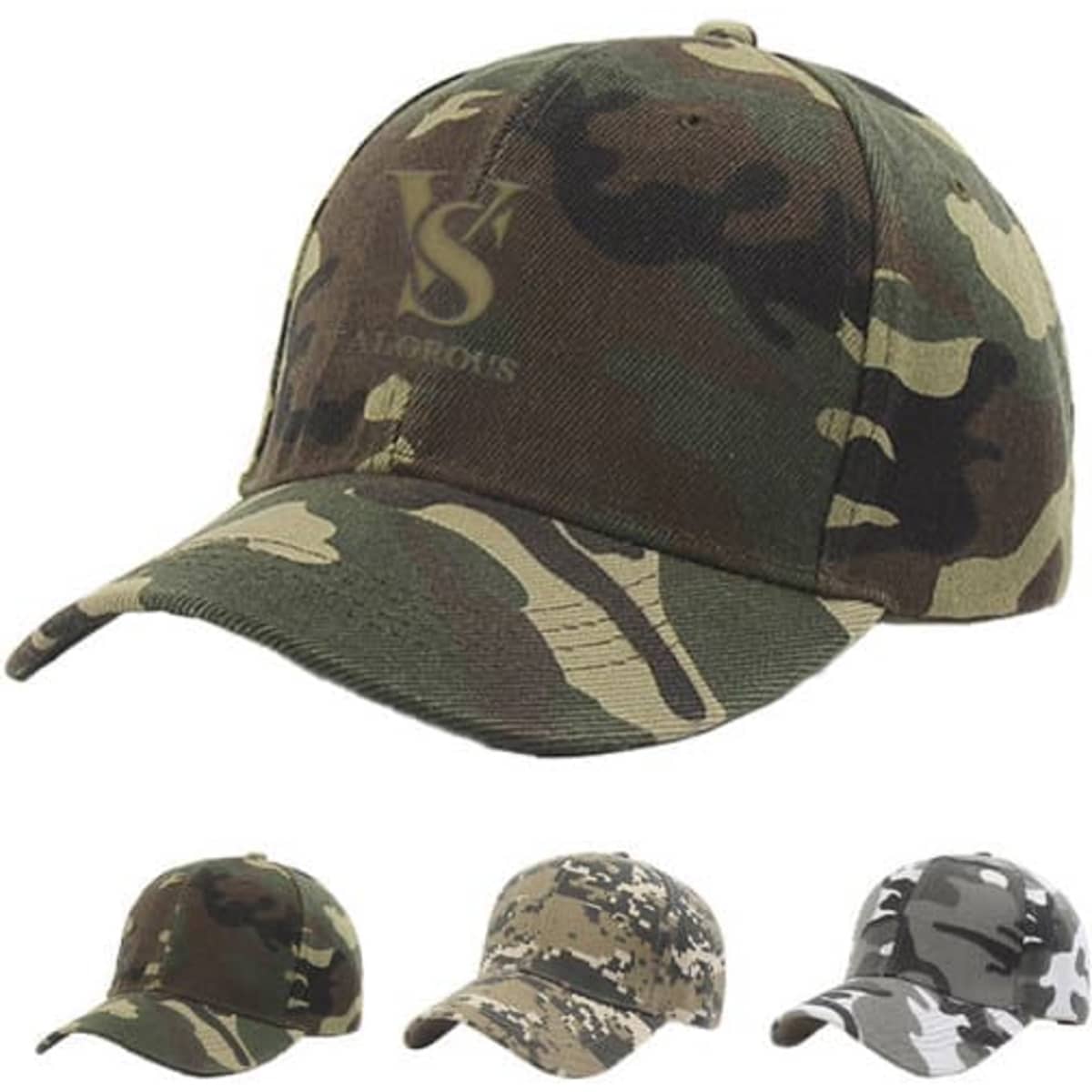 A camouflage baseball cap in green and brown tones with a logo on the front, alongside three other caps in different patterns.
