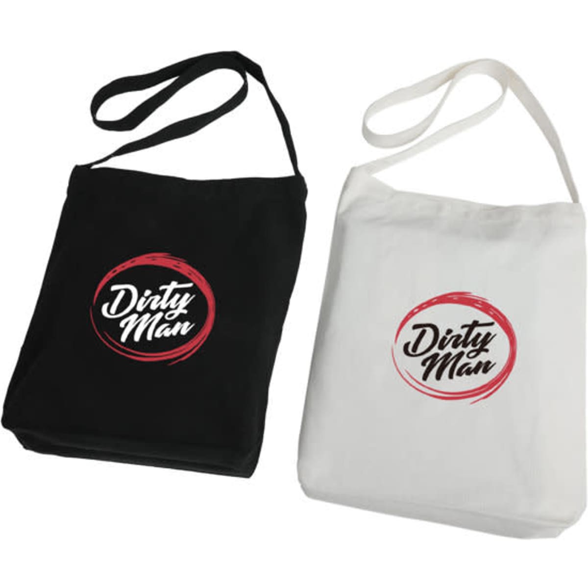 A canvas messenger tote bag with a long strap, available in black and white, featuring a logo on each bag.