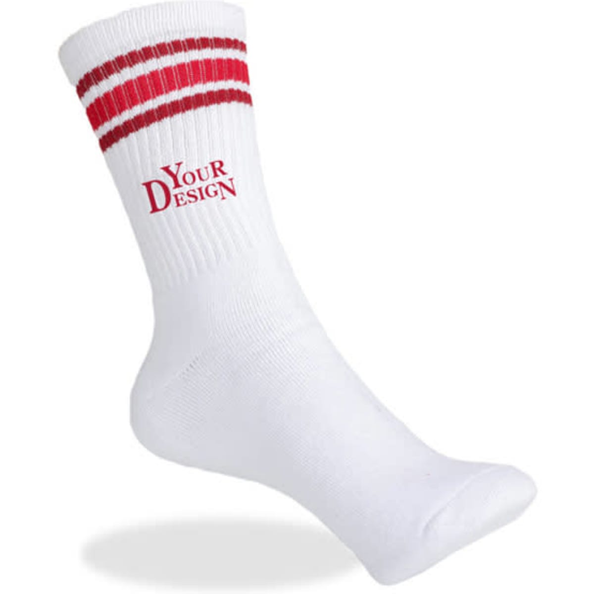 Custom stripe crew sock in white with red stripes and a logo on the side.