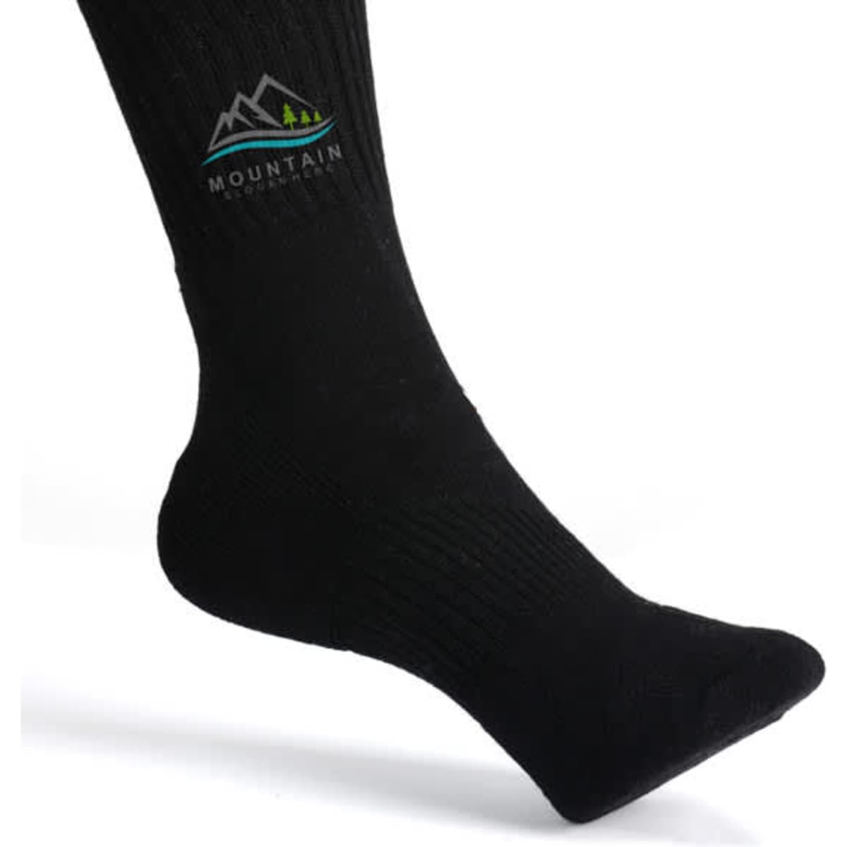 A black crew sock featuring a logo on the upper part, showcasing a ribbed design.