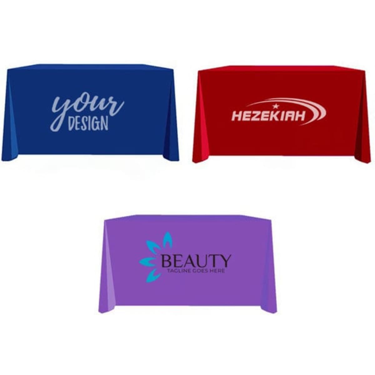 Three promotional table covers in blue, red, and purple, each featuring distinct logos and designs.