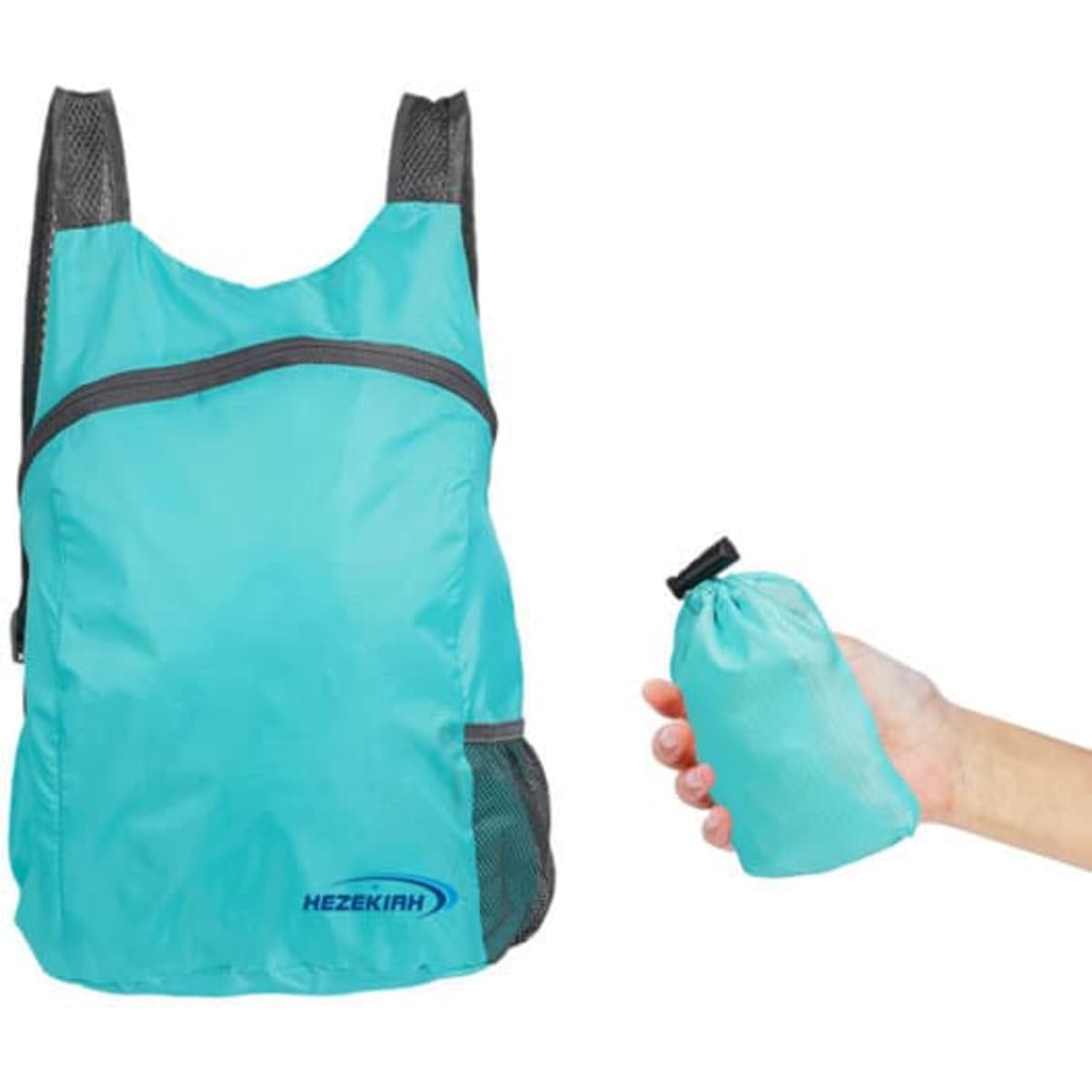 A light blue foldable backpack beside a hand holding it in a compact form. The backpack features a logo.