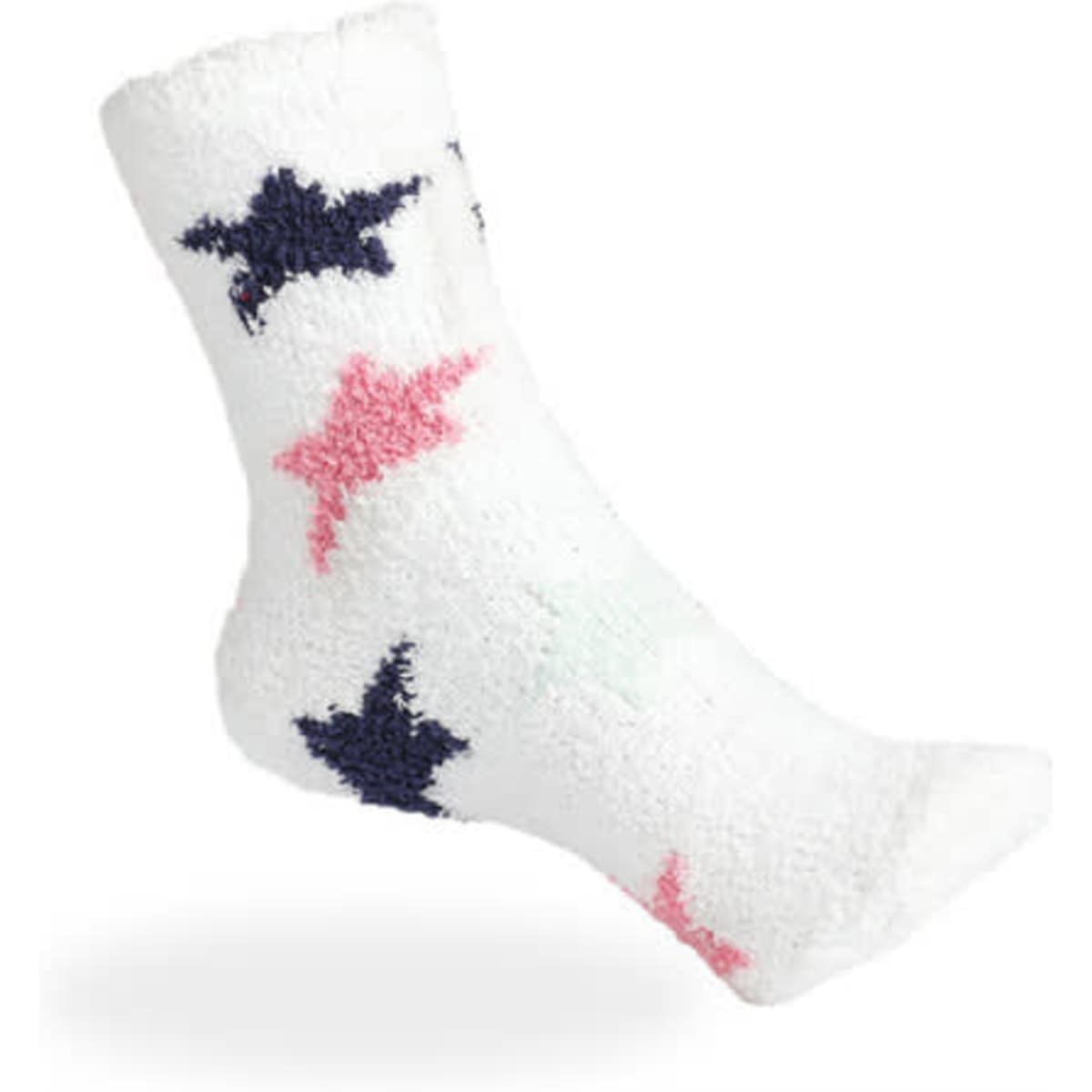 Warm fuzzy socks in white with pink and navy star patterns. The fabric appears soft and fluffy.