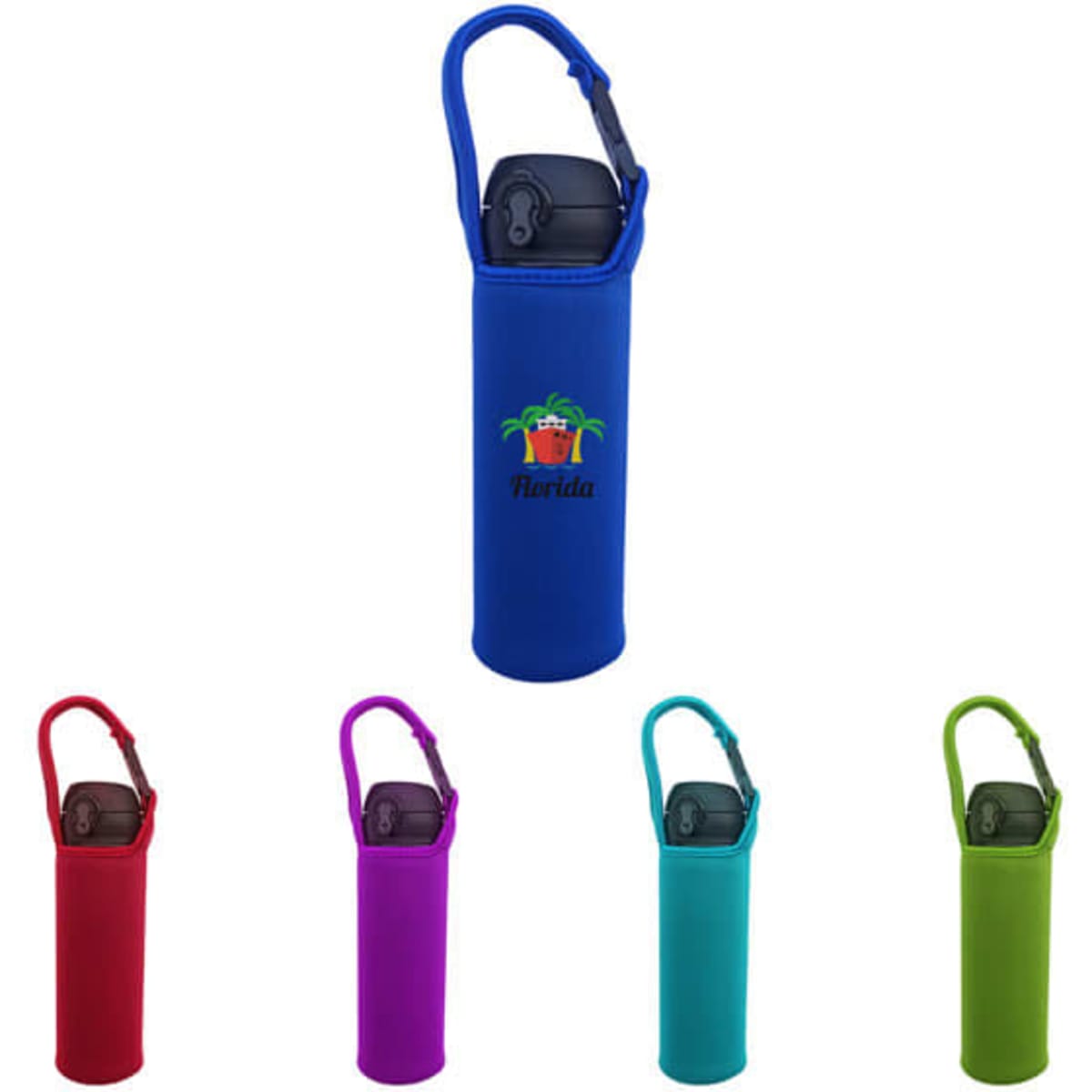 A drink bottle in a blue neoprene sleeve with a rope, surrounded by sleeves in purple, red, and green. Features a logo.