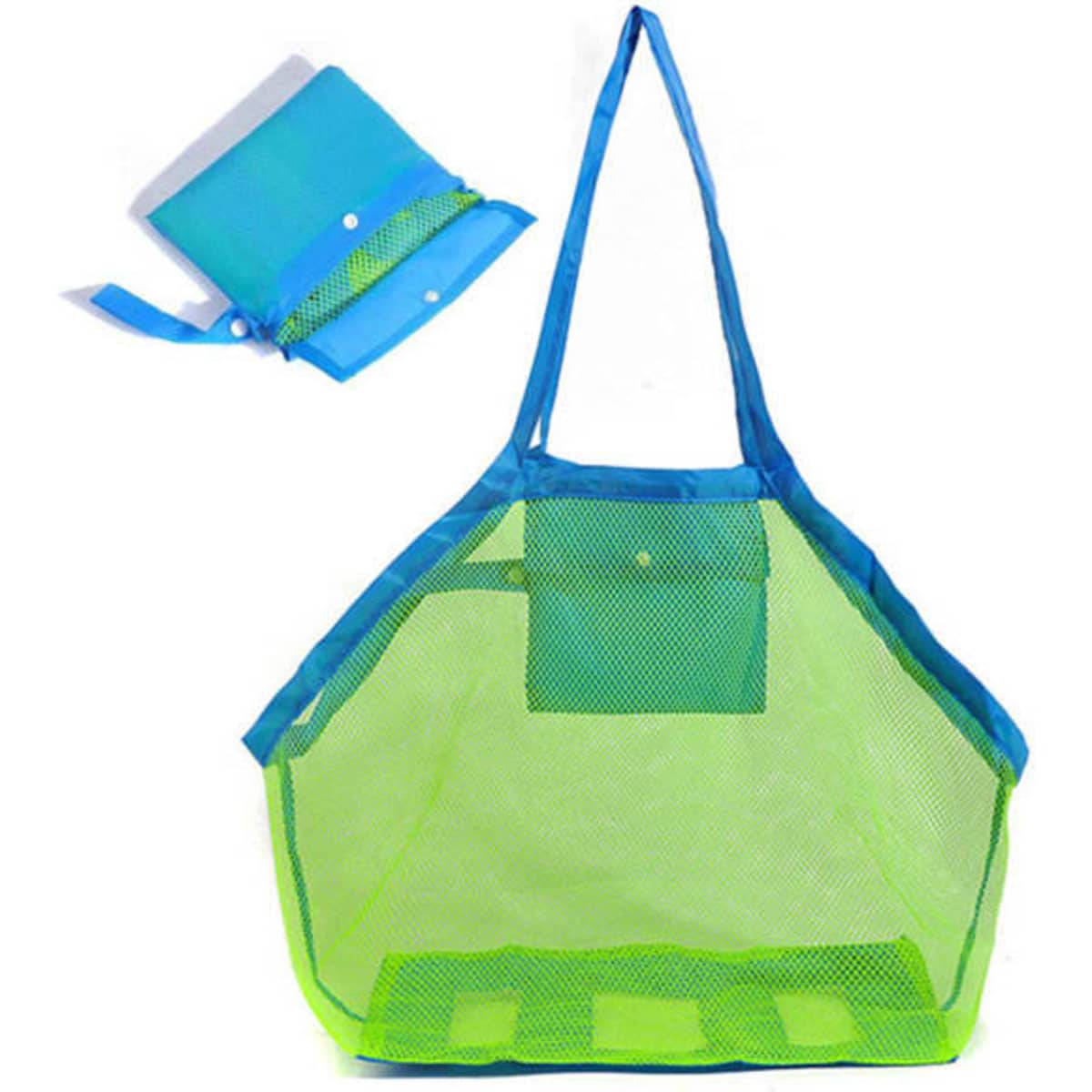 A large, blue and green mesh bag with a folding design and a strap, featuring a logo on the front.