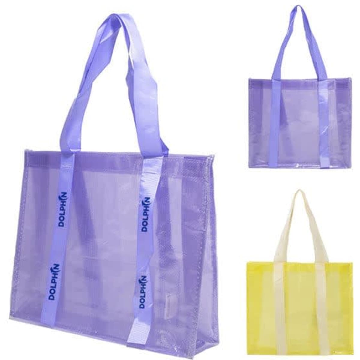 A purple and yellow transparent tote bag with long handles, featuring a logo on the straps.