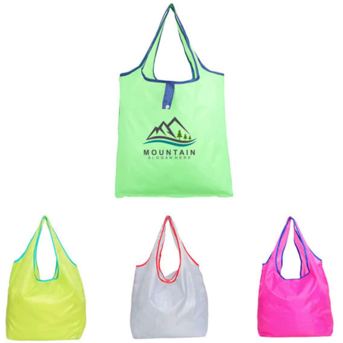 Foldable polyester shopping bags in green, yellow, white, and pink, featuring a logo on one side.