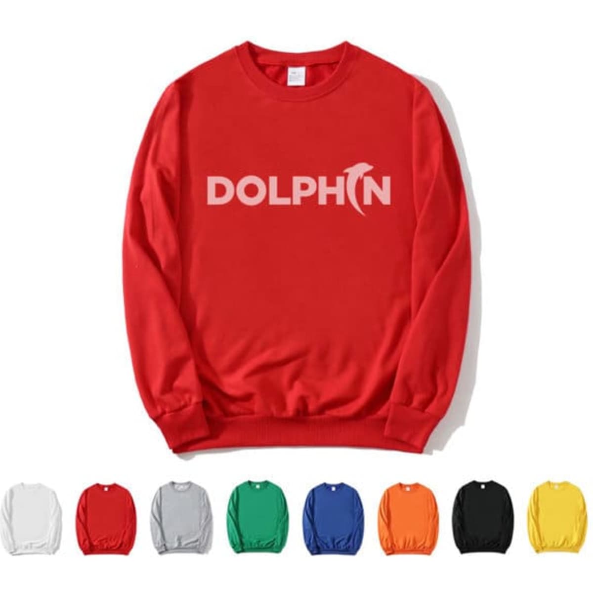 A red crew neck sweatshirt featuring a logo on the front, with options for other colours displayed below.