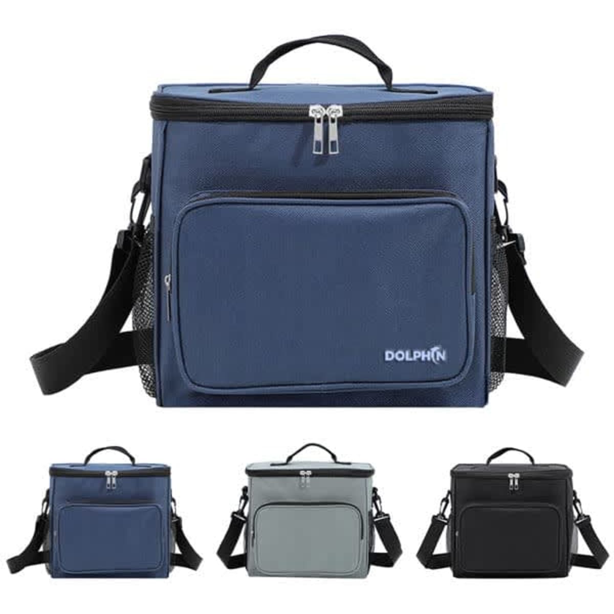 An insulated cooler bag in navy blue with an adjustable shoulder strap and front pocket, featuring branding.