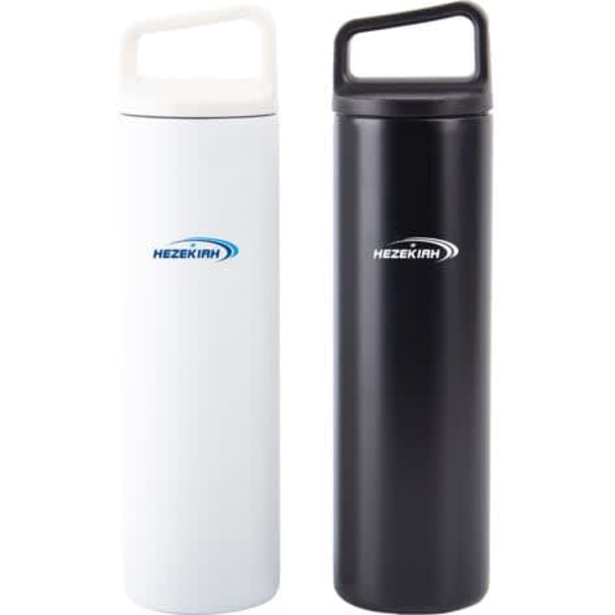 A drink bottle set featuring a white and a black 20 oz. vacuum wide mouth bottle with handles and branding.