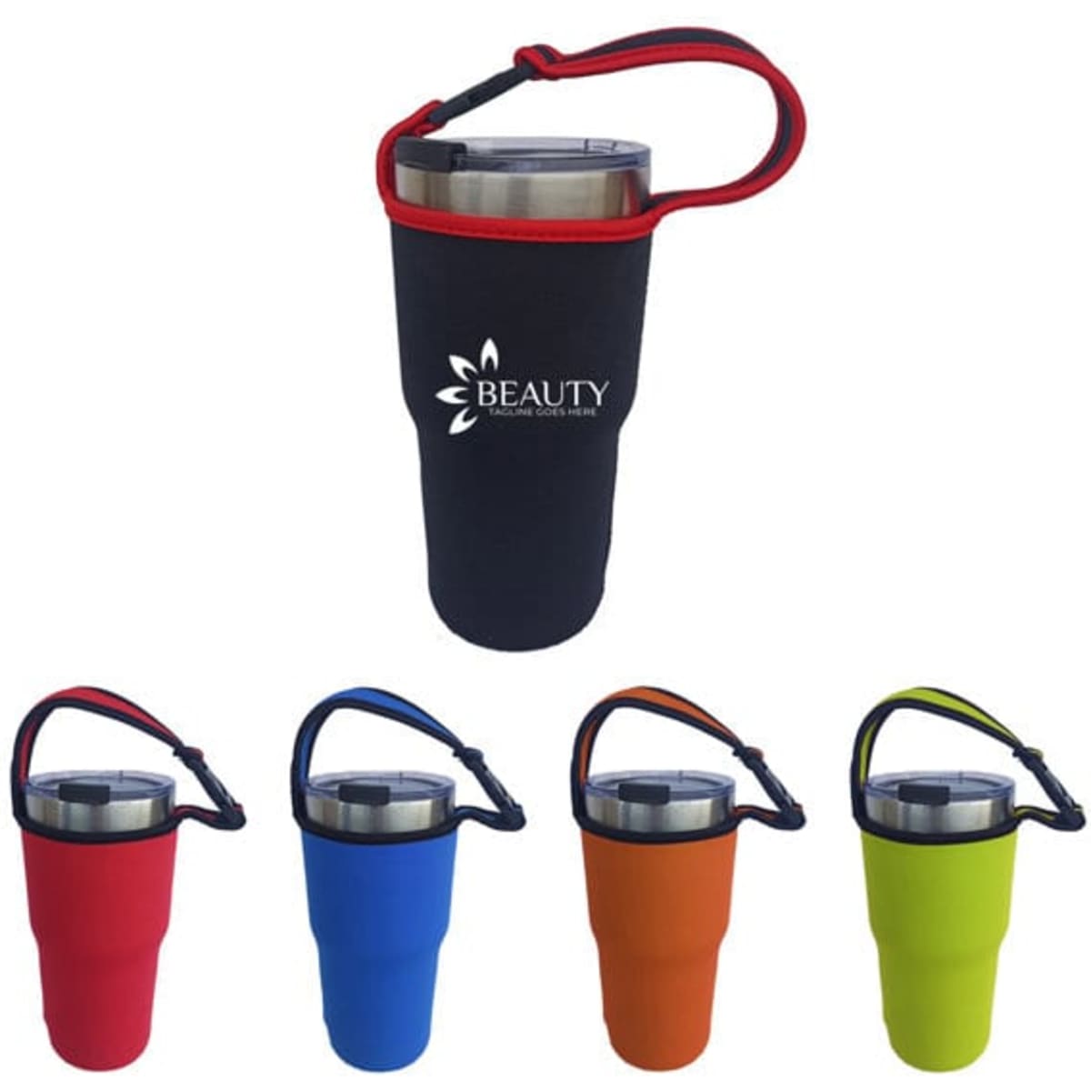 A drink bottle sleeve in black, featuring a handle and available in four additional colours: blue, orange, green, and red.